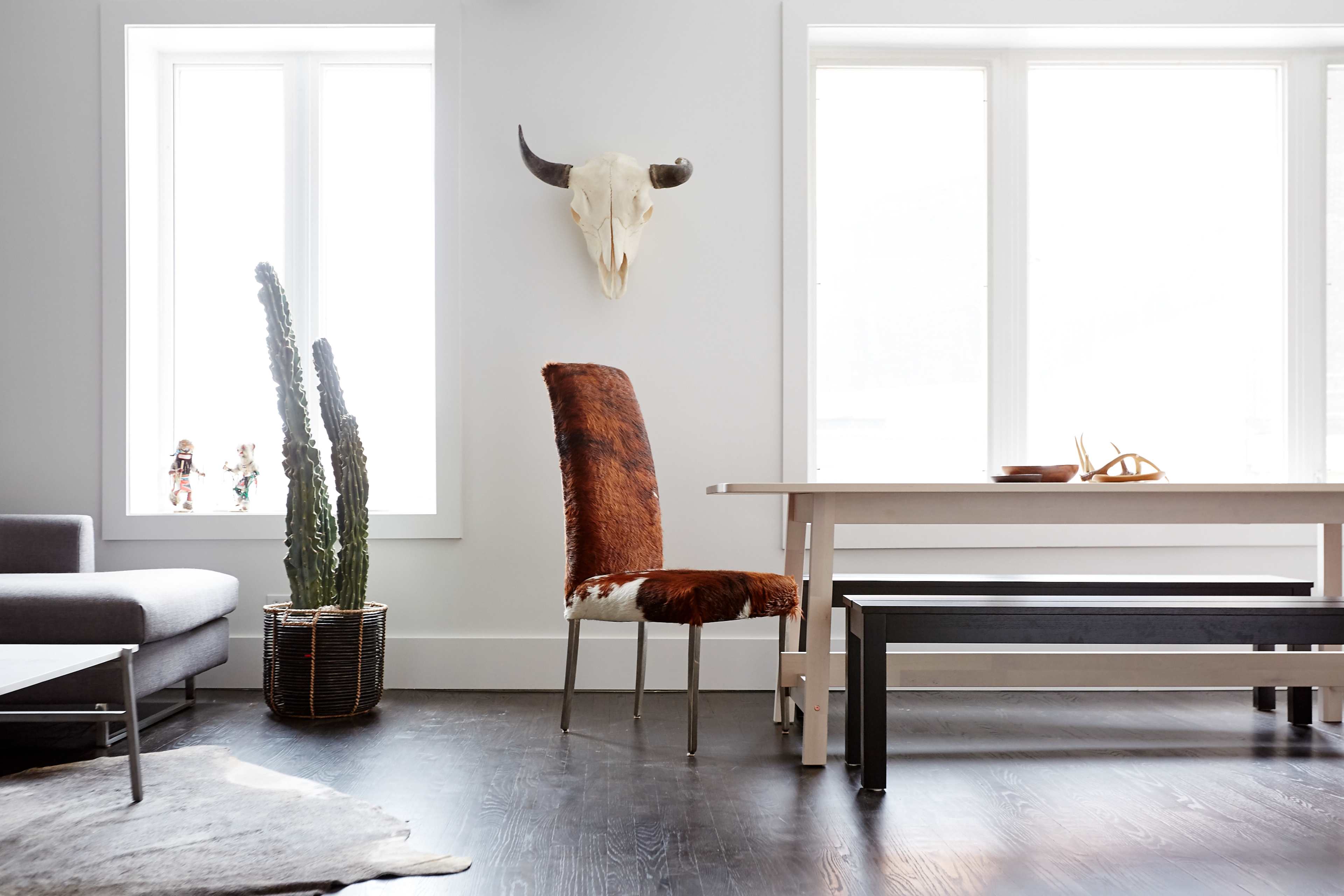 The room features a dining area with a table, a chair upholstered in cowhide, a decorative bull skull on the wall, and a potted cactus beside a sofa.