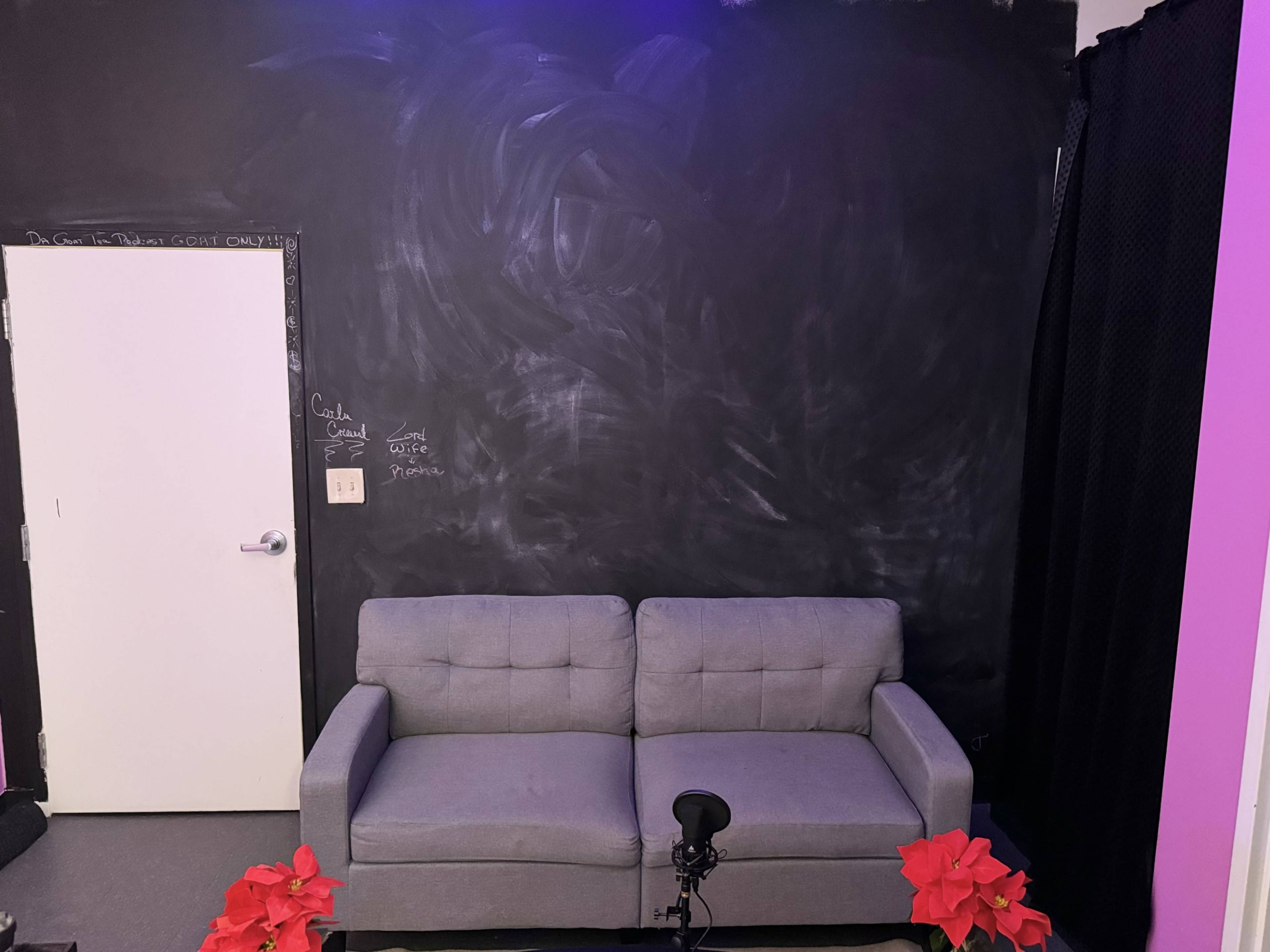 A gray sofa is positioned in front of a dark chalkboard wall, with a microphone placed on the floor nearby and a red plant in the foreground.