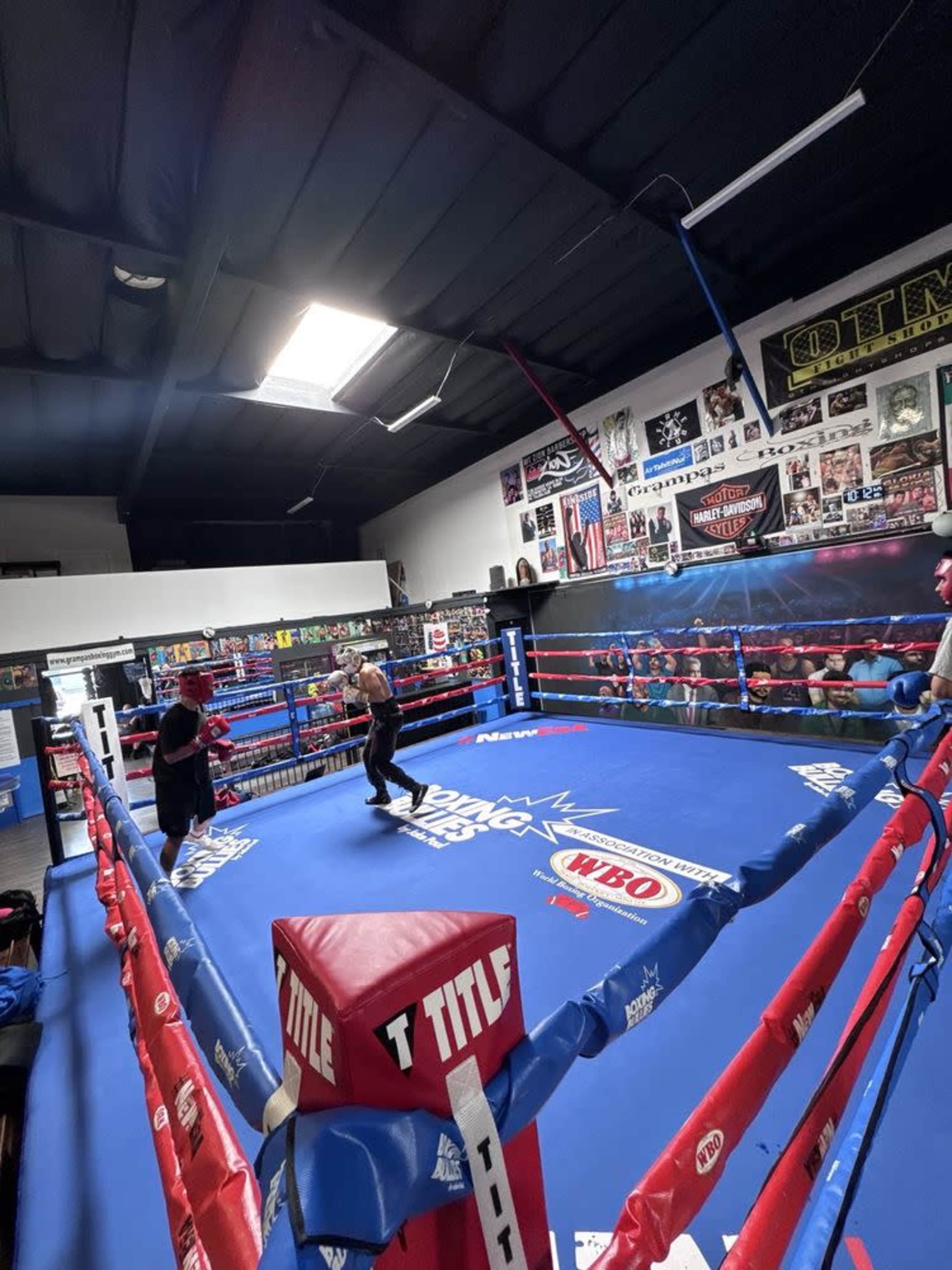 A boxing ring is set up in a gym, surrounded by spectators and decorated with various posters and banners.