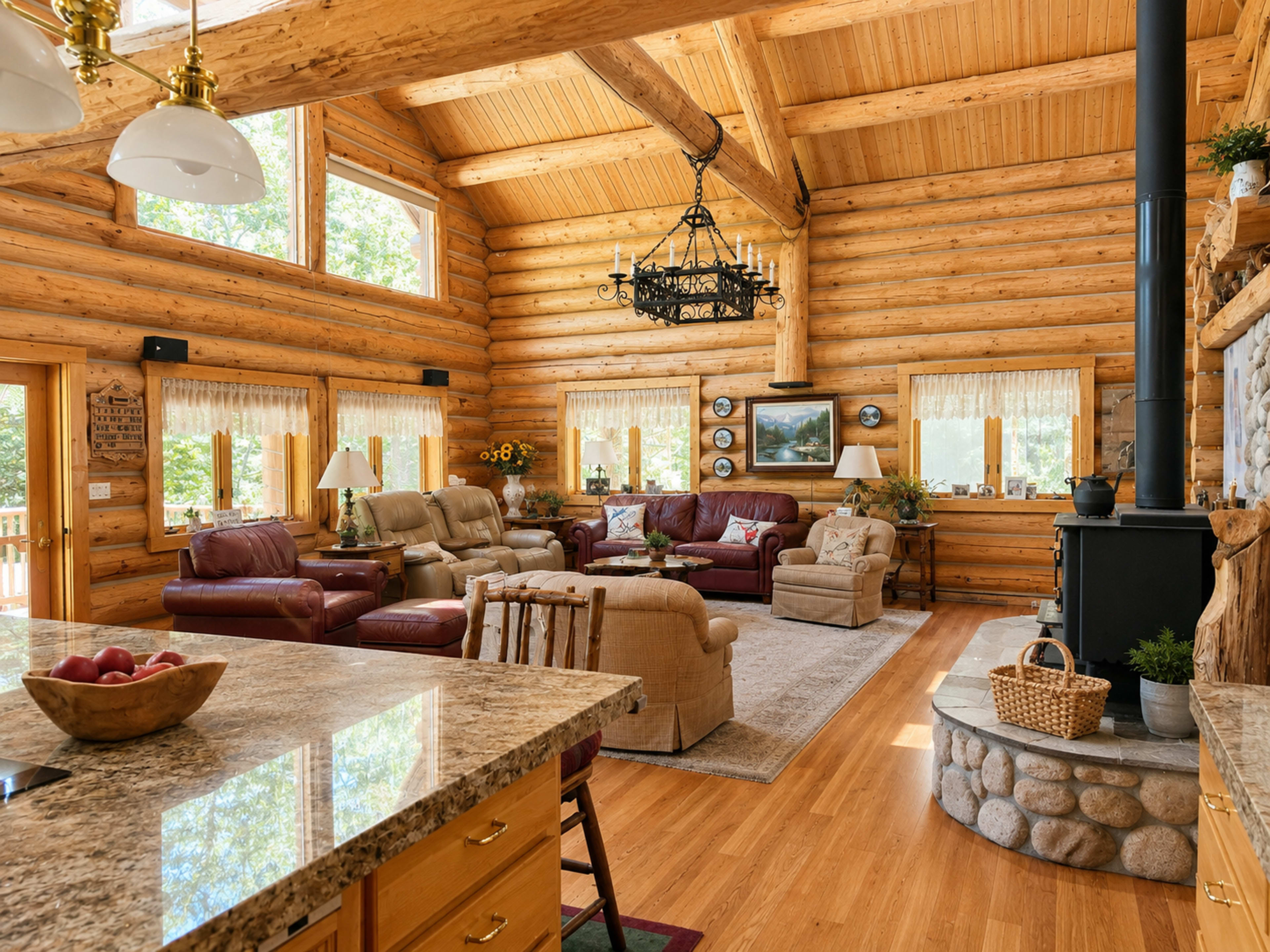 The image shows a spacious log cabin living room with a high, wooden-beamed ceiling, featuring leather sofas, large windows, and a stone fireplace.