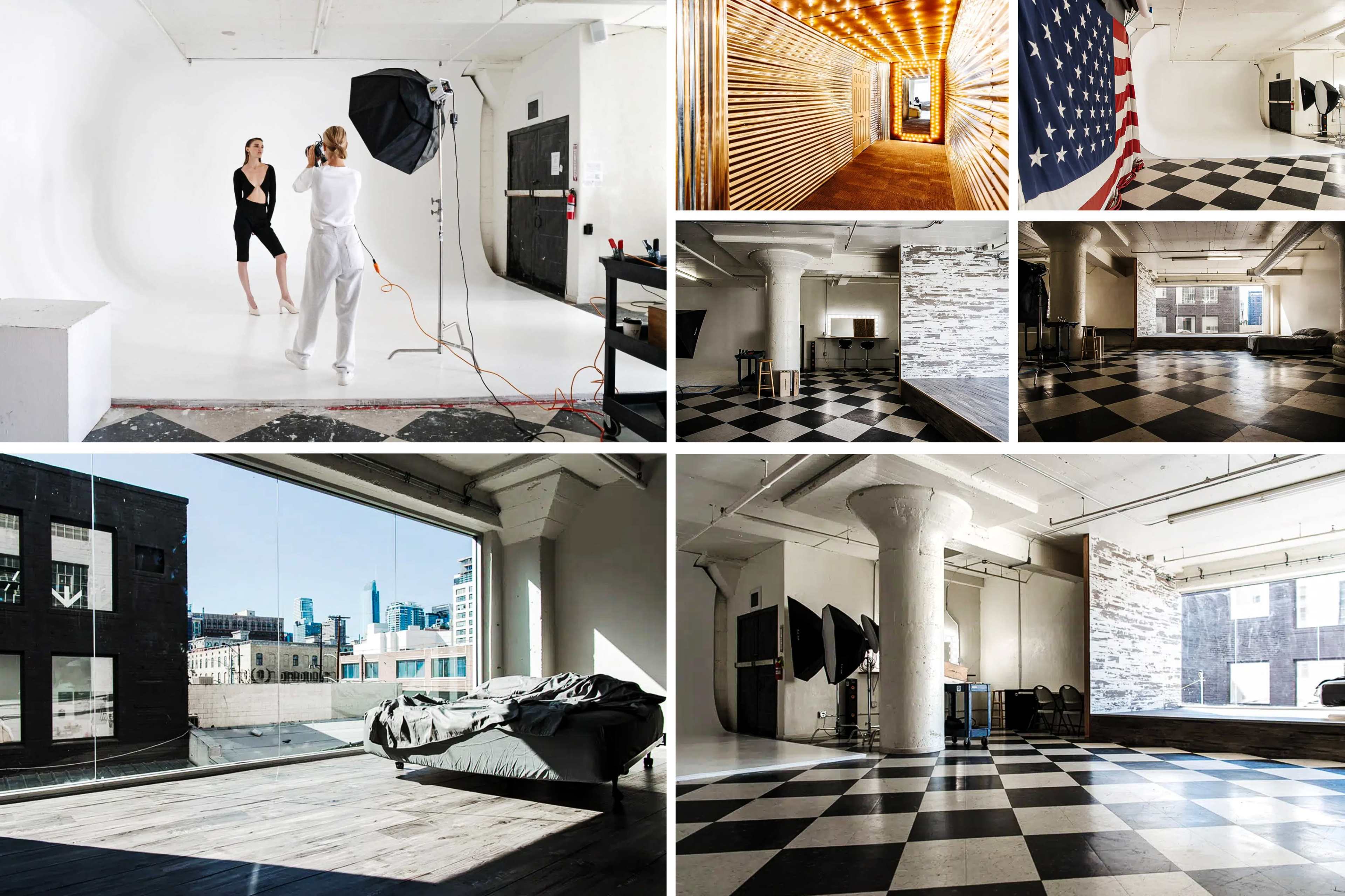 A modern photography studio with a white backdrop, an exposed brick area, and large windows providing natural light.