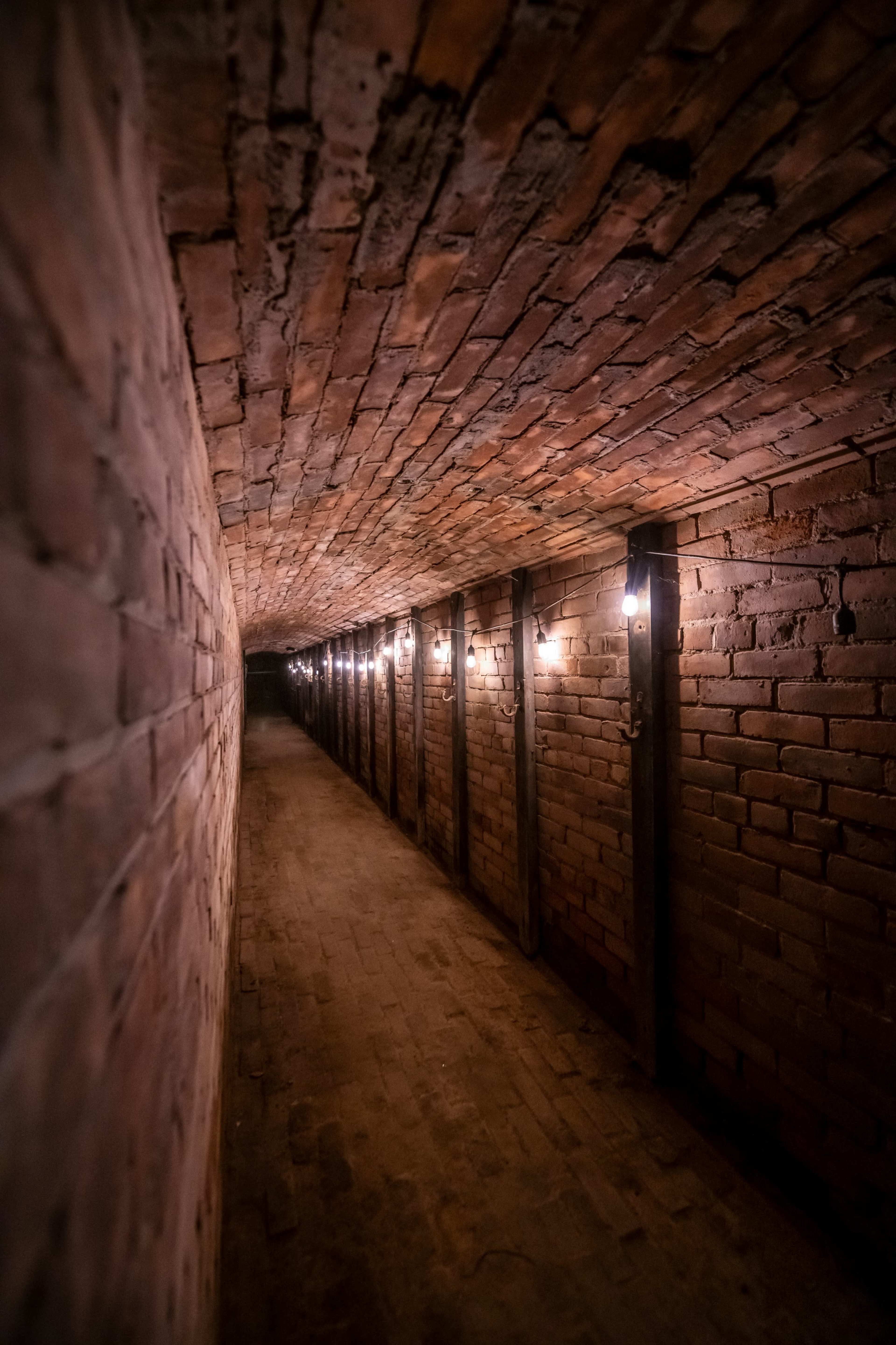 A dimly lit tunnel with brick walls and a dirt floor, lined with lights along one side.