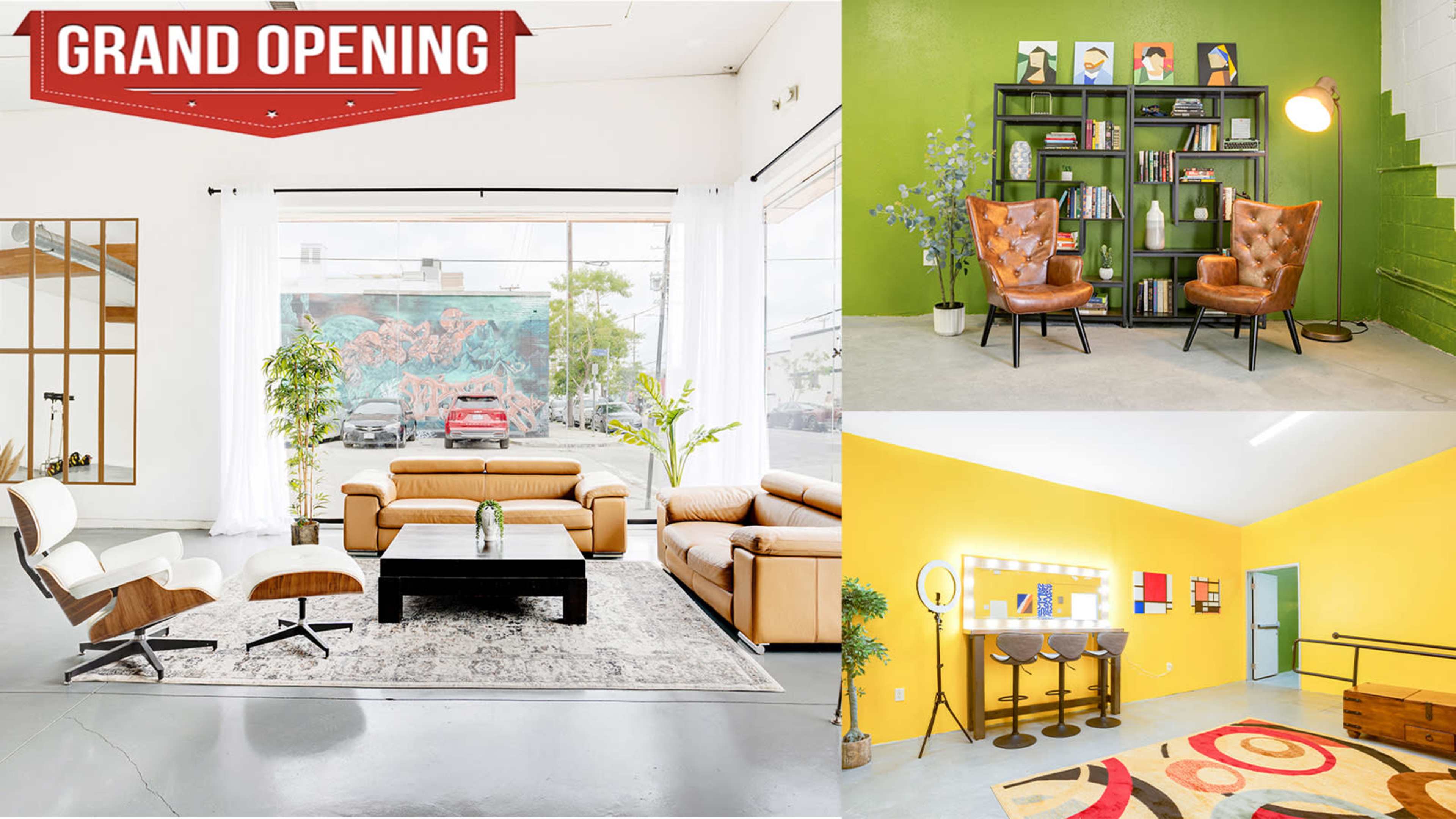 The image displays a spacious, modern interior featuring a cozy seating area with leather sofas, a bright green wall with artwork, a reading nook with two chairs and a bookshelf, and a yellow room with a mirror and makeup station.
