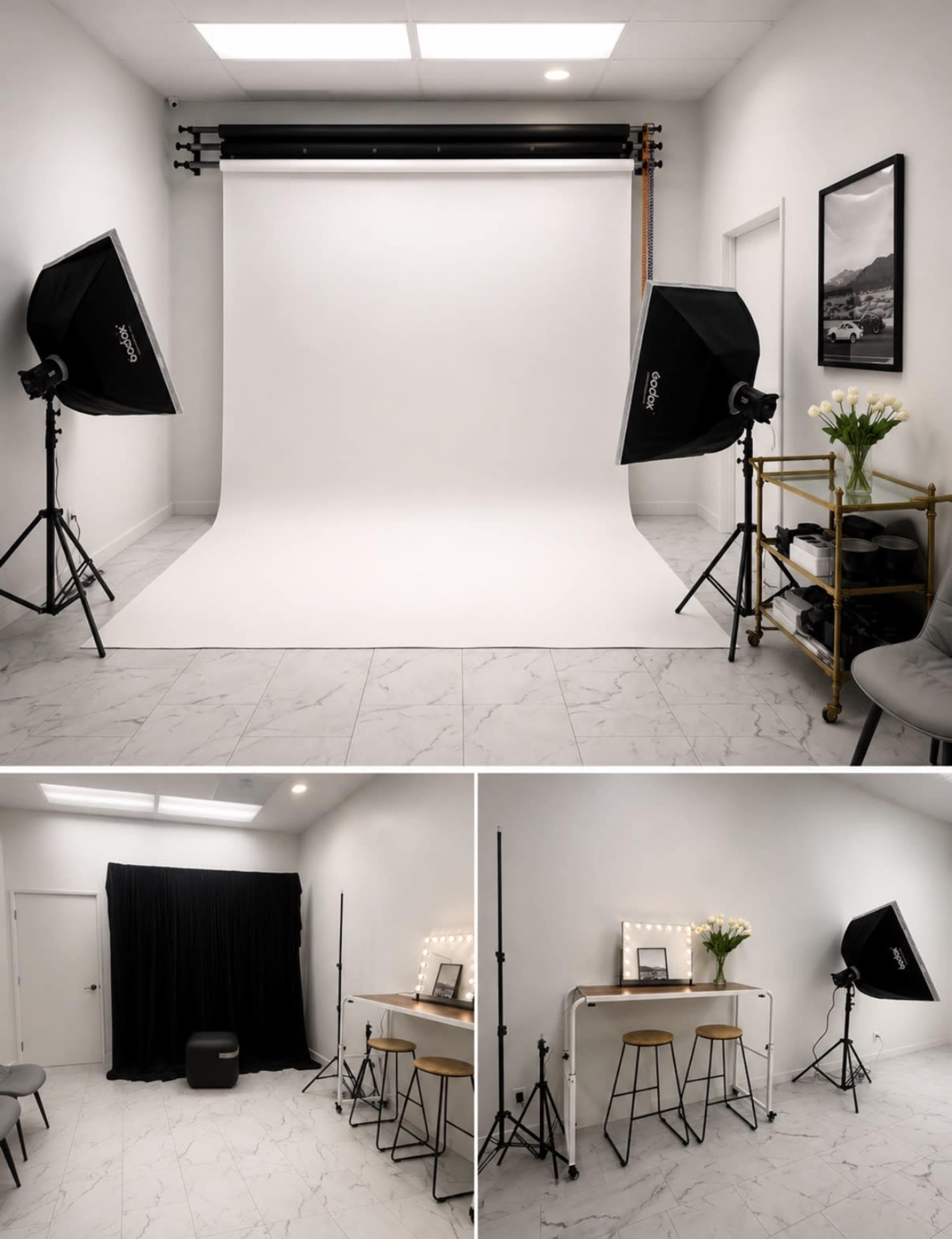 The image shows a minimalist photography studio featuring a white backdrop, lighting equipment, and a small seating area with decorative accents.