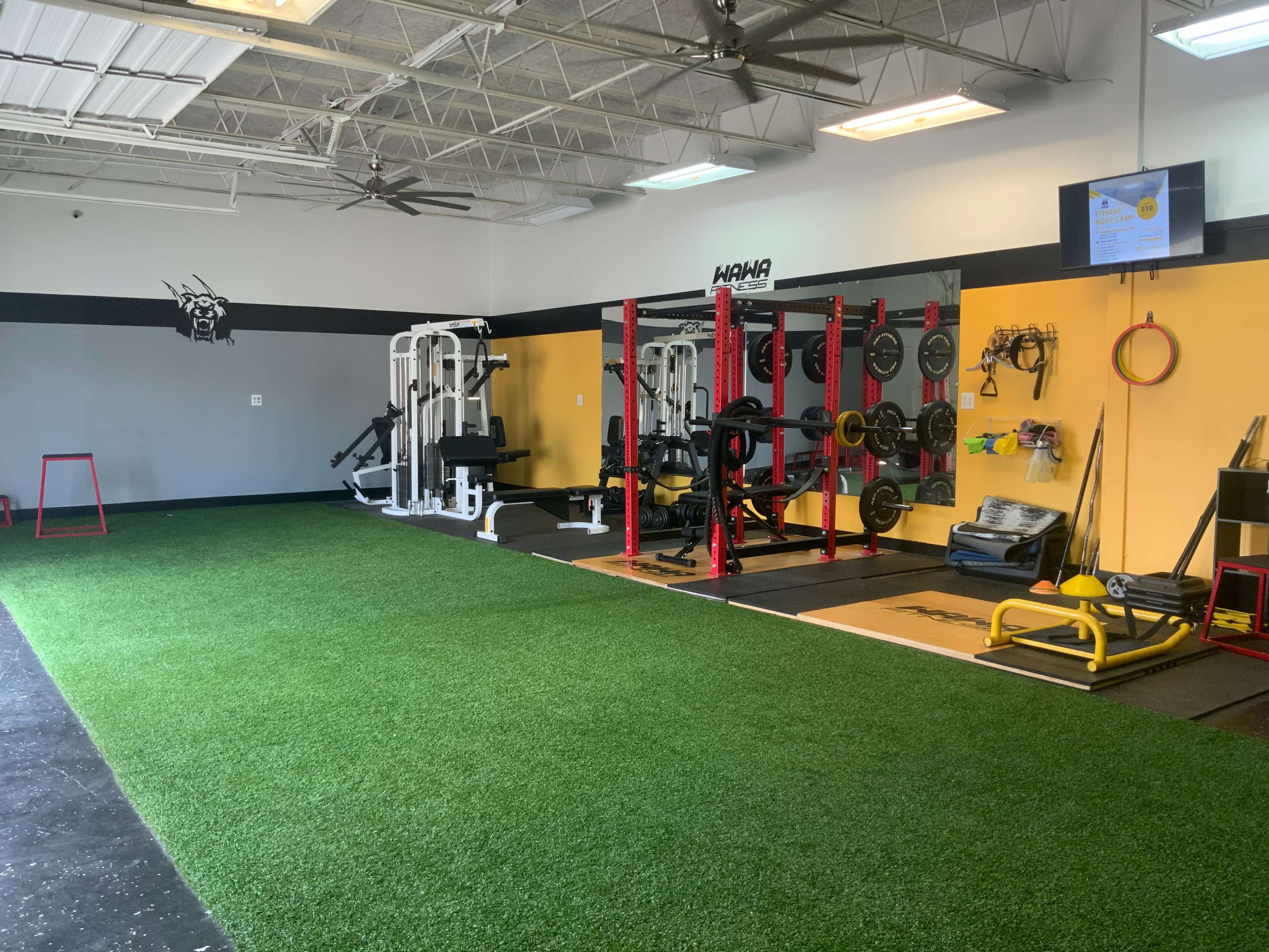 The image shows a well-equipped gym with various weightlifting machines, free weights, and turf flooring.