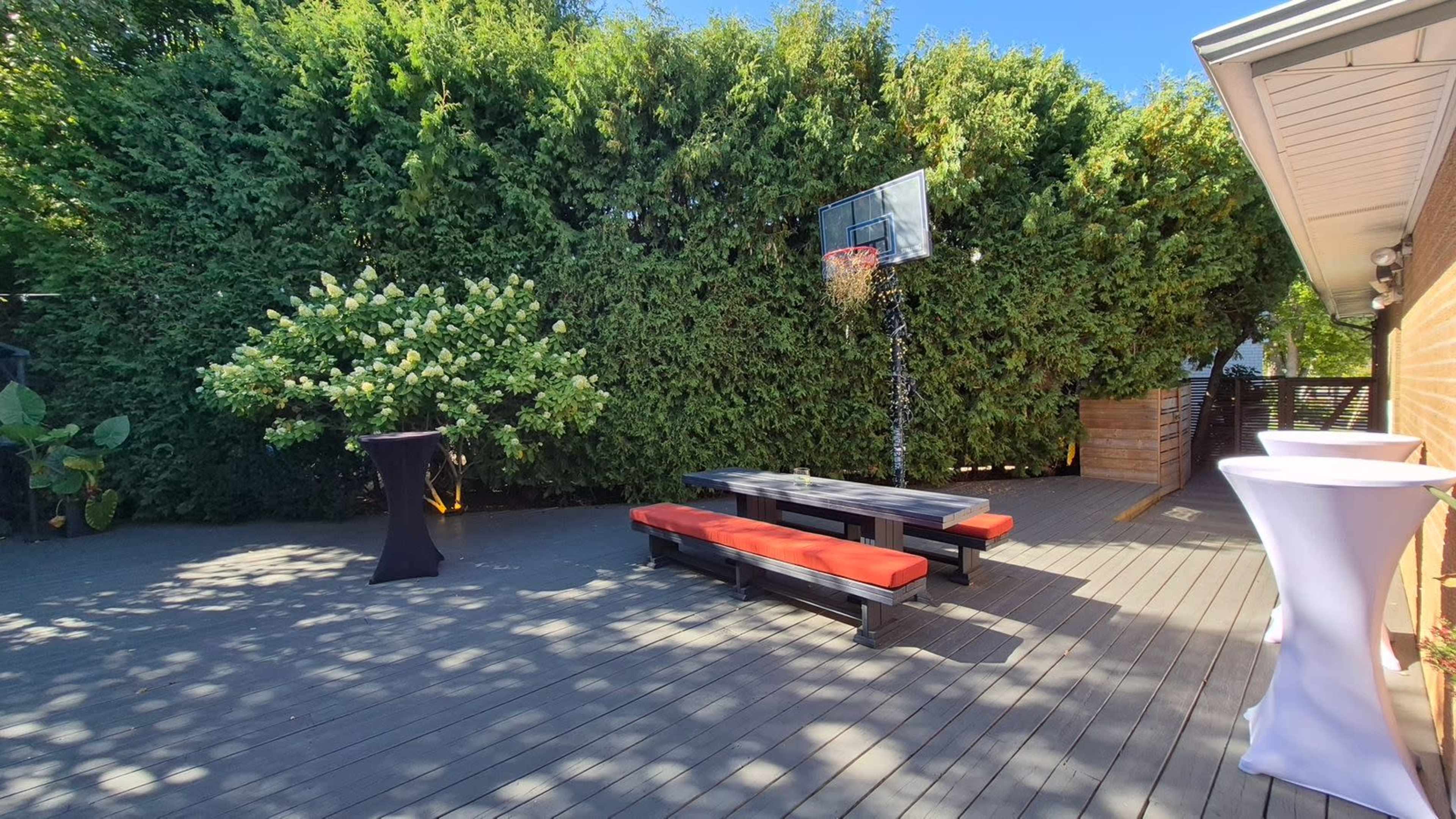 The scene features a deck area with a basketball hoop, benches with red cushions, and a small table next to a bushy hedge.