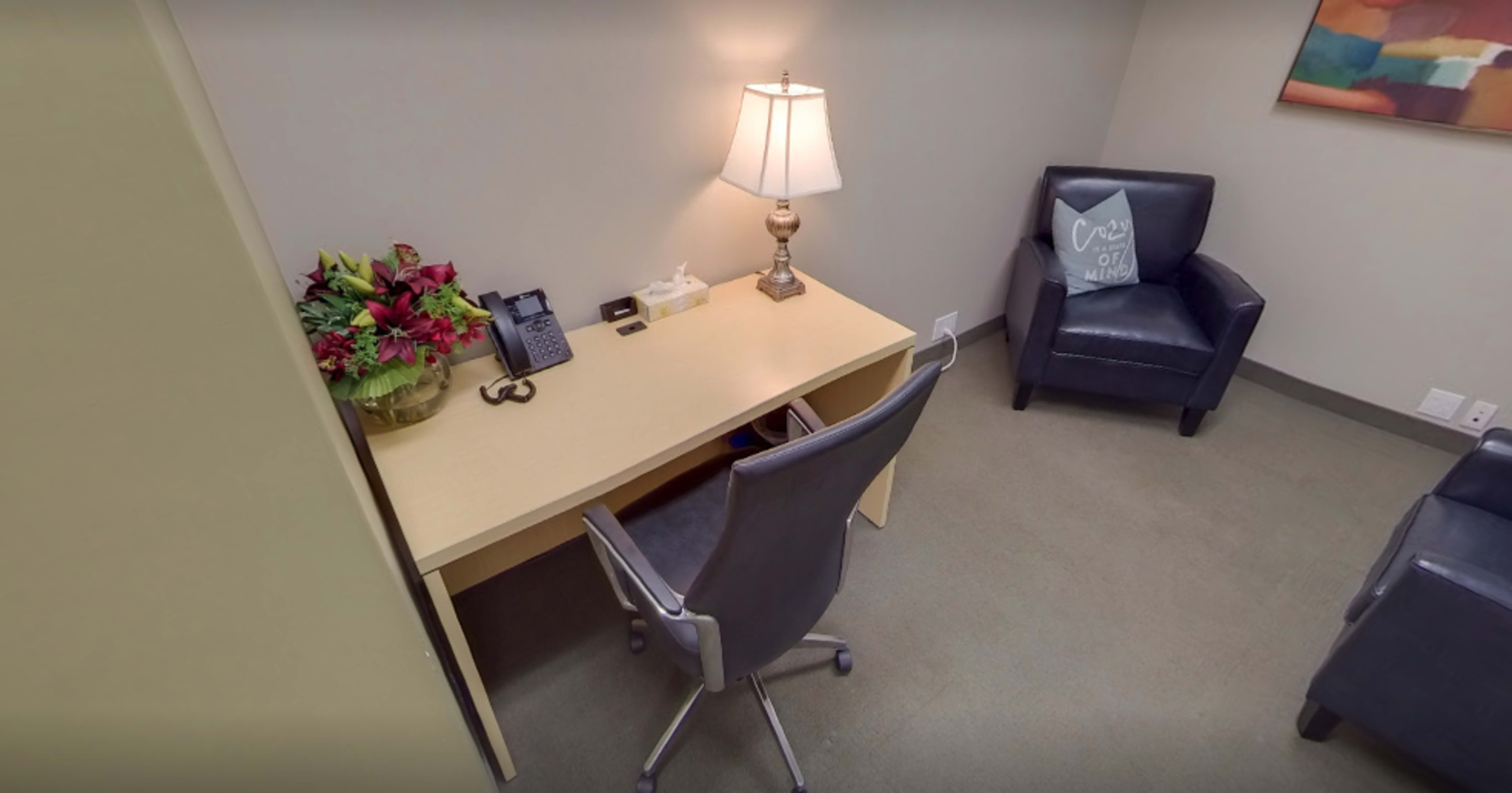 A small office space featuring a desk with a chair, a lamp, a potted plant, and an armchair in the corner.