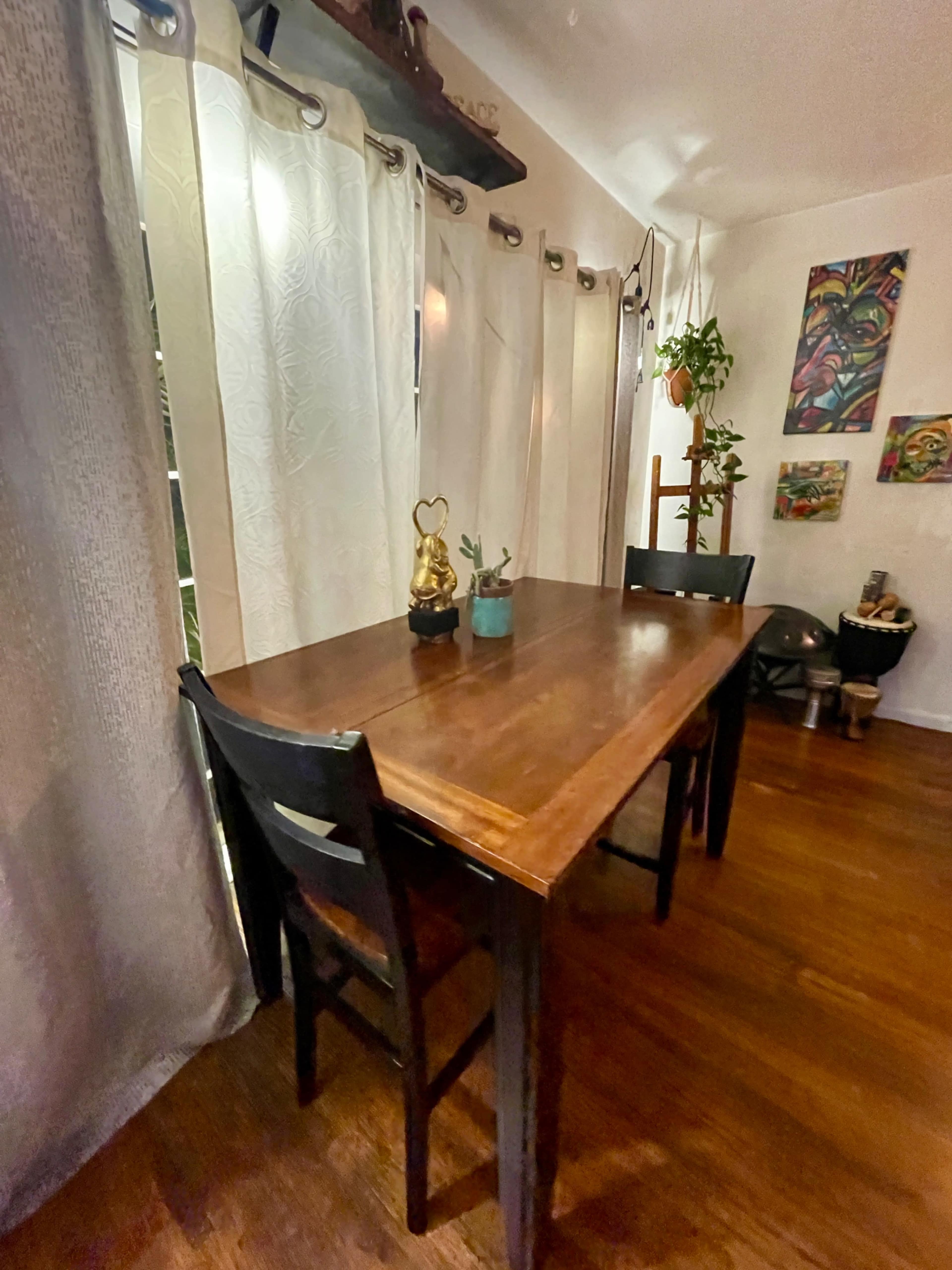 A wooden dining table with two black chairs is positioned in a brightly lit room adorned with plants and colorful artwork on the walls.