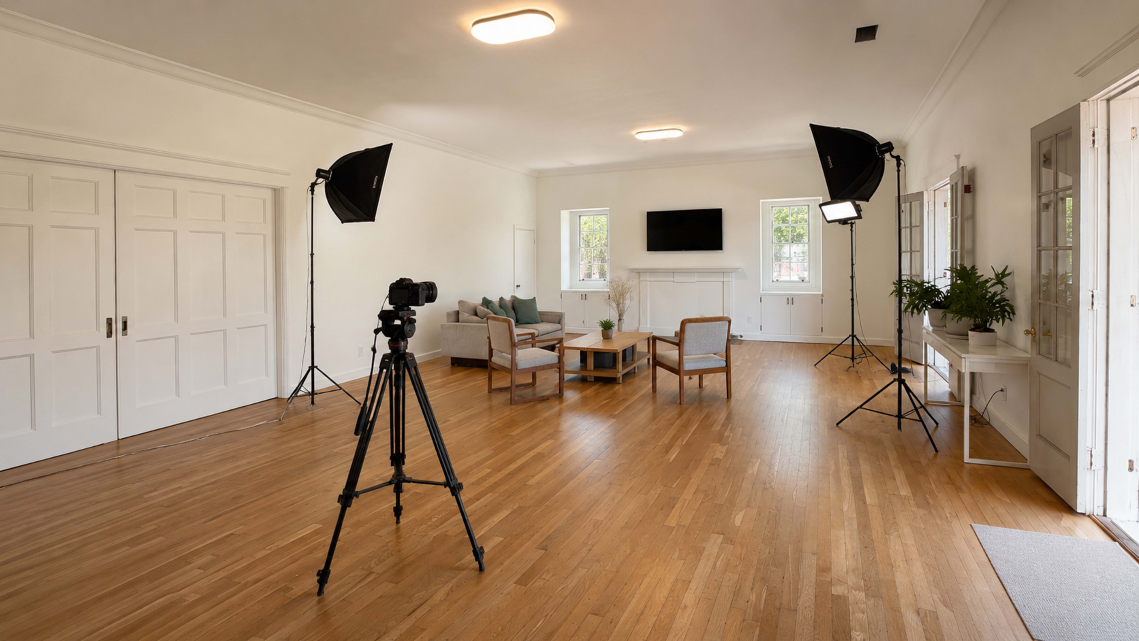 The image shows a spacious indoor room with wooden flooring, featuring a seating area, a large television mounted on the wall, and photography equipment set up, including a camera on a tripod and two studio lights.