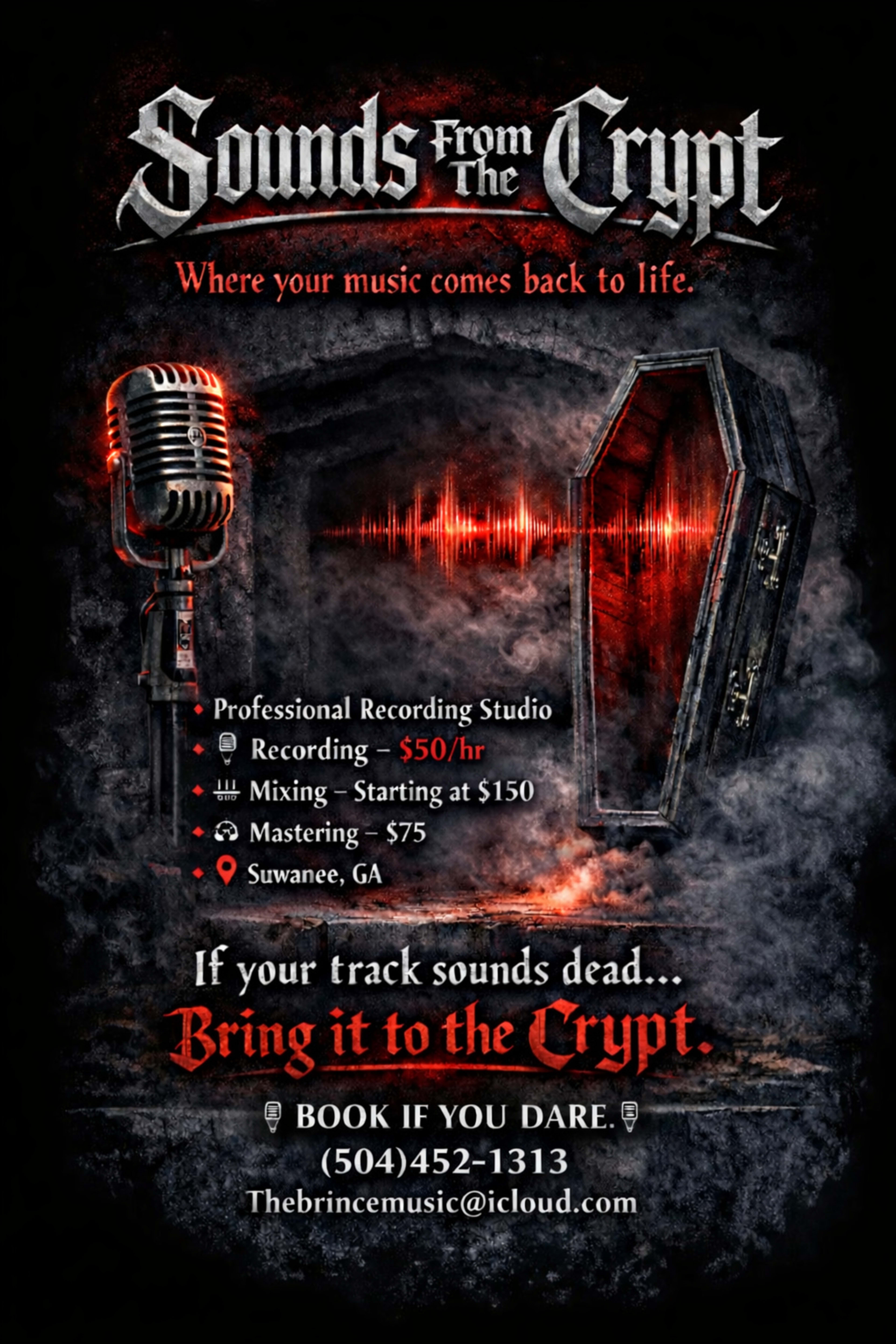 The image features a promotional poster for a recording studio called "Sounds From The Crypt," showcasing a vintage microphone and a coffin, with details about services and pricing.