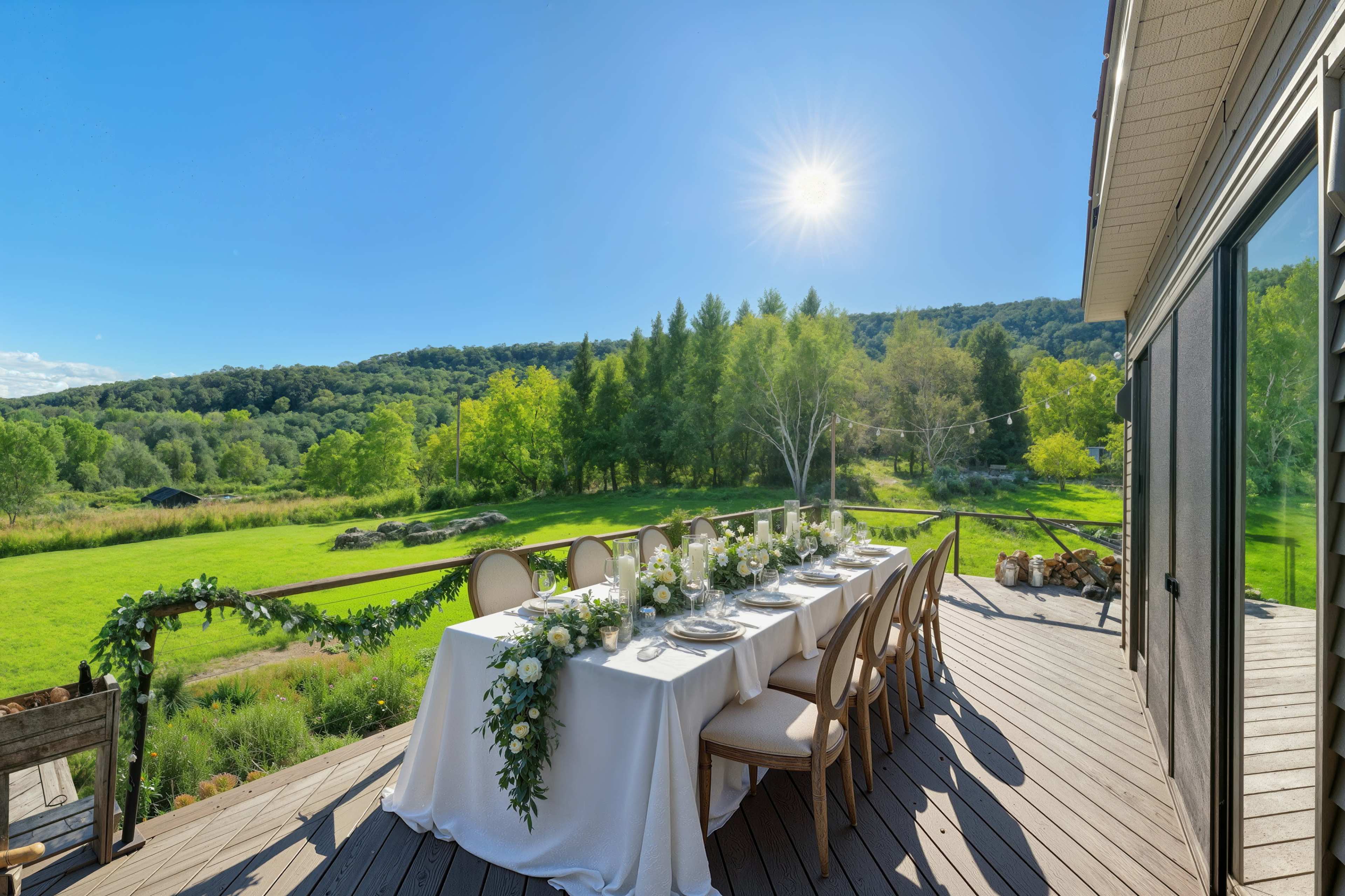 A long, elegantly set dining table with floral decor is positioned on a deck overlooking a green landscape and trees under a bright blue sky.