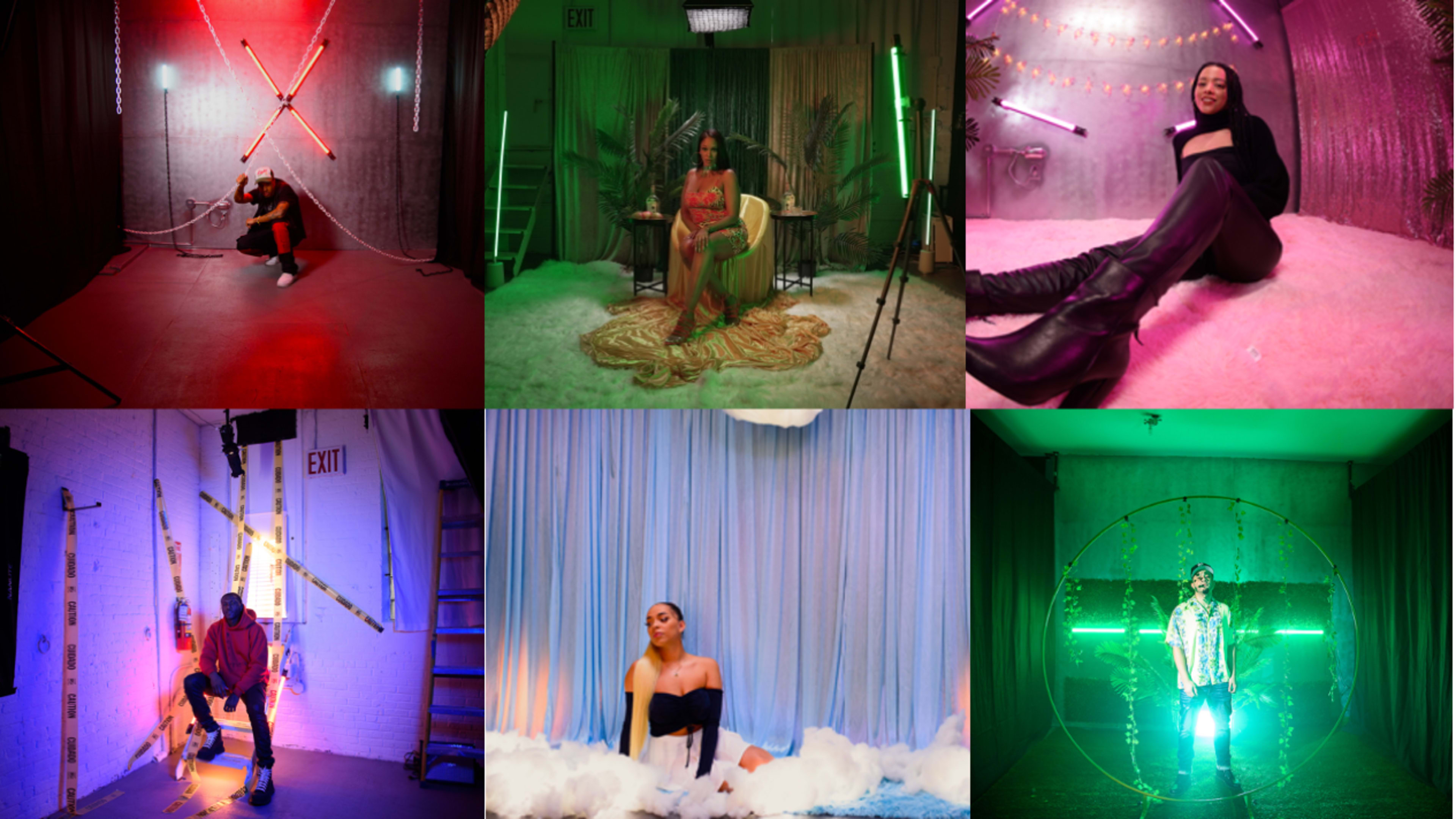 Six different scenes featuring individuals posing in various colorful and creatively lit backdrops with unique props and settings.