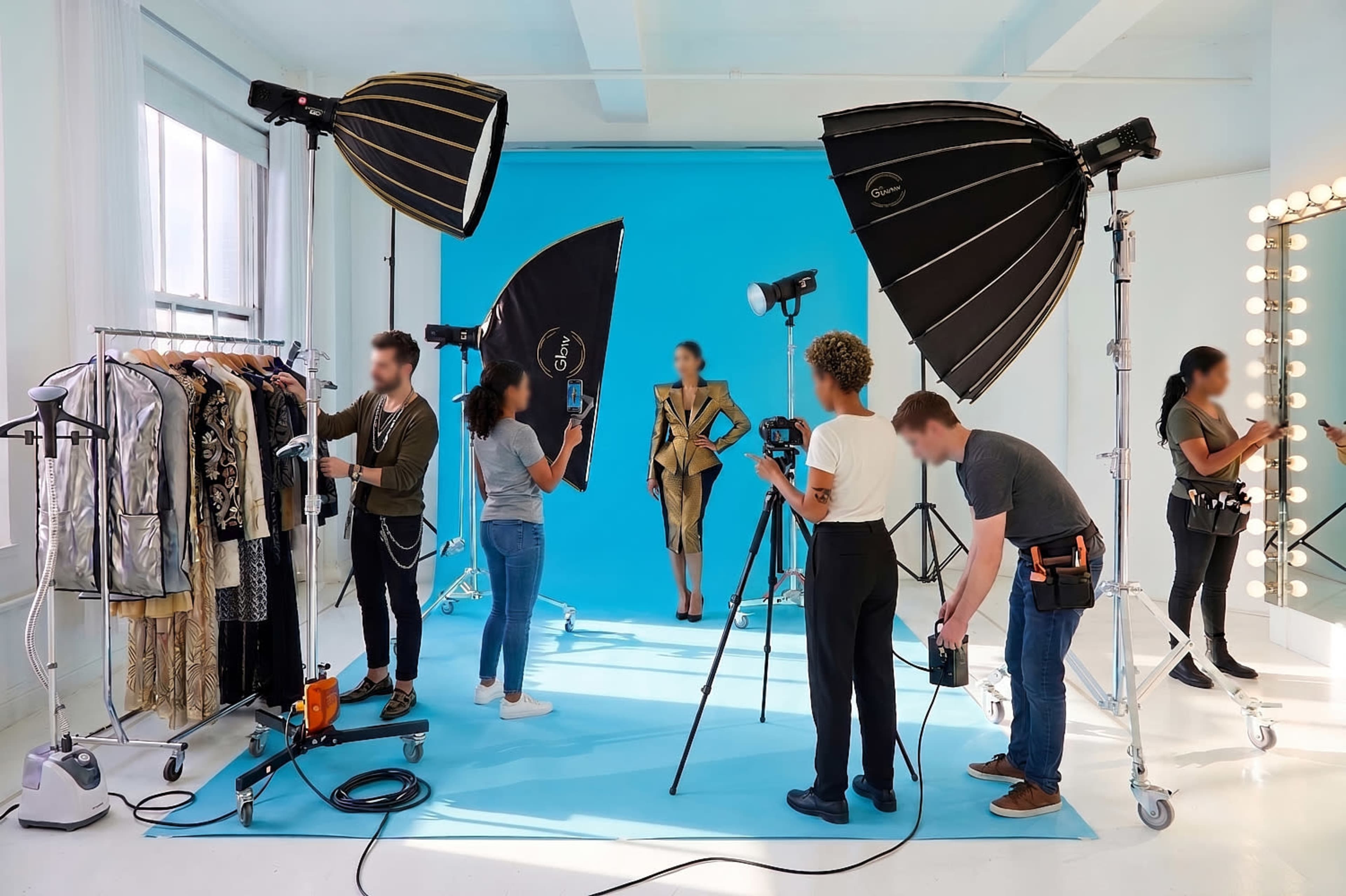 A model poses in front of a blue backdrop while a photoshoot team arranges lighting and equipment.