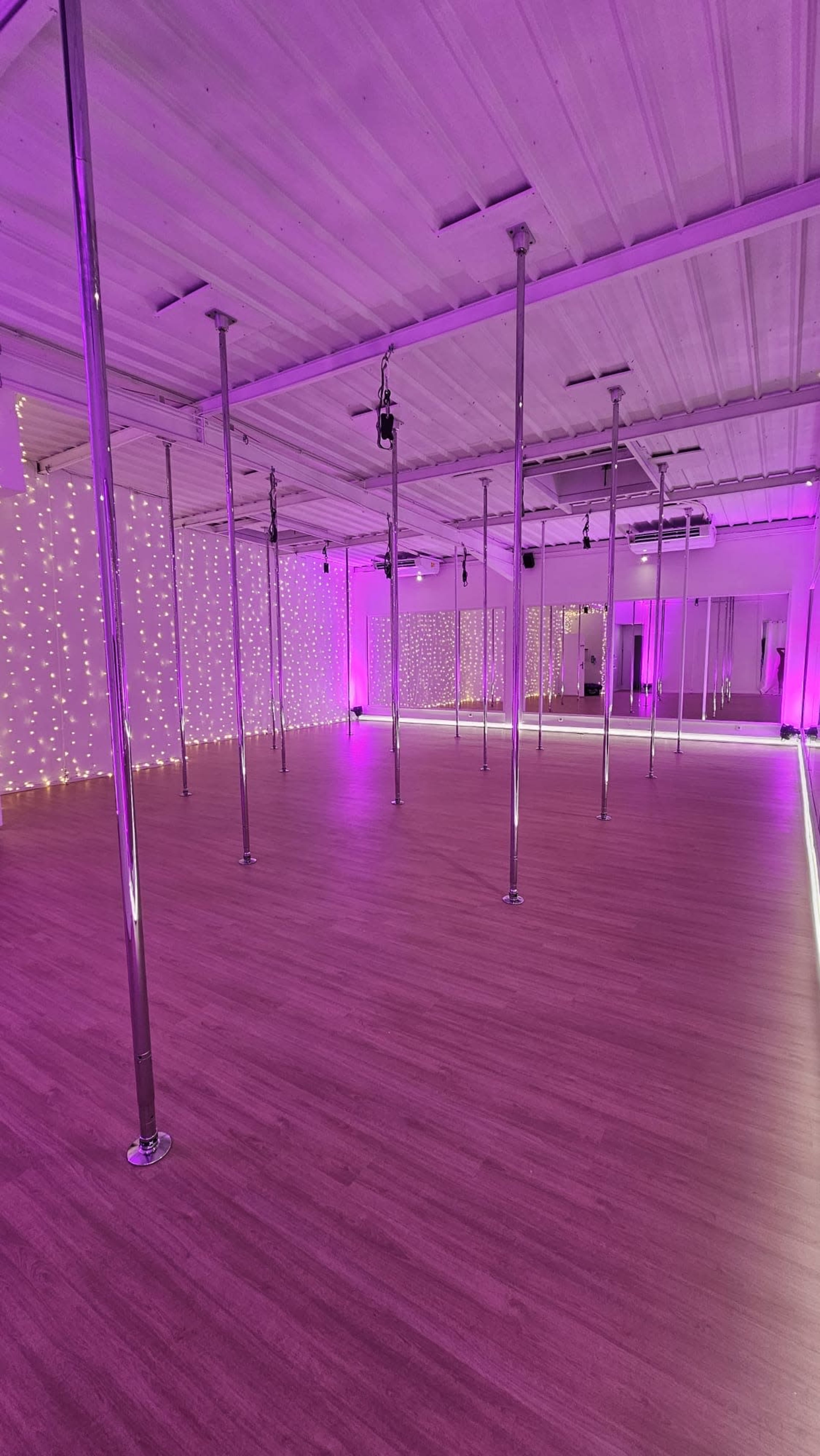 A spacious dance studio with multiple mirrored poles and soft purple lighting along the walls.