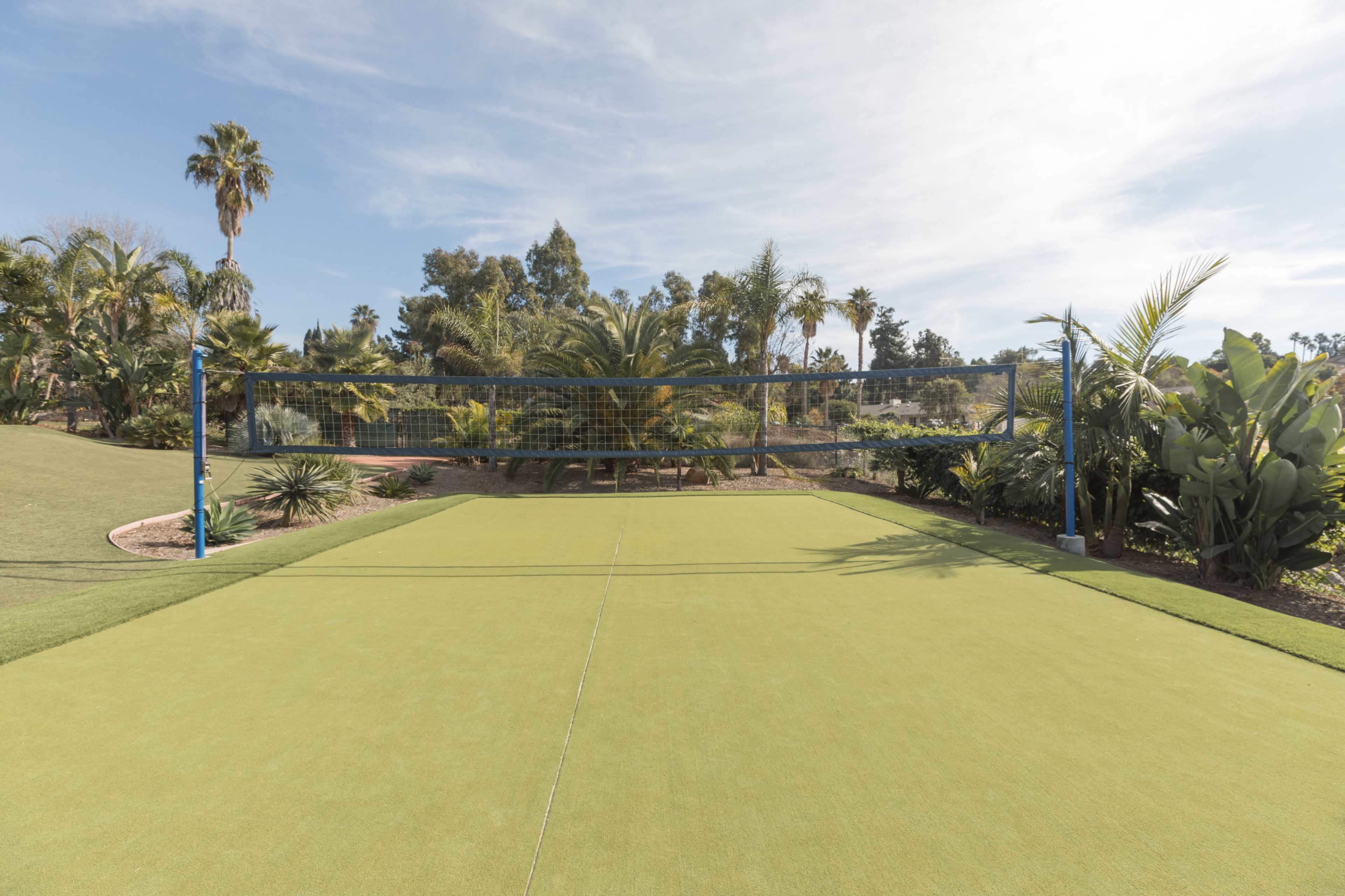 A volleyball court with a net is set against a backdrop of palm trees and lush greenery.
