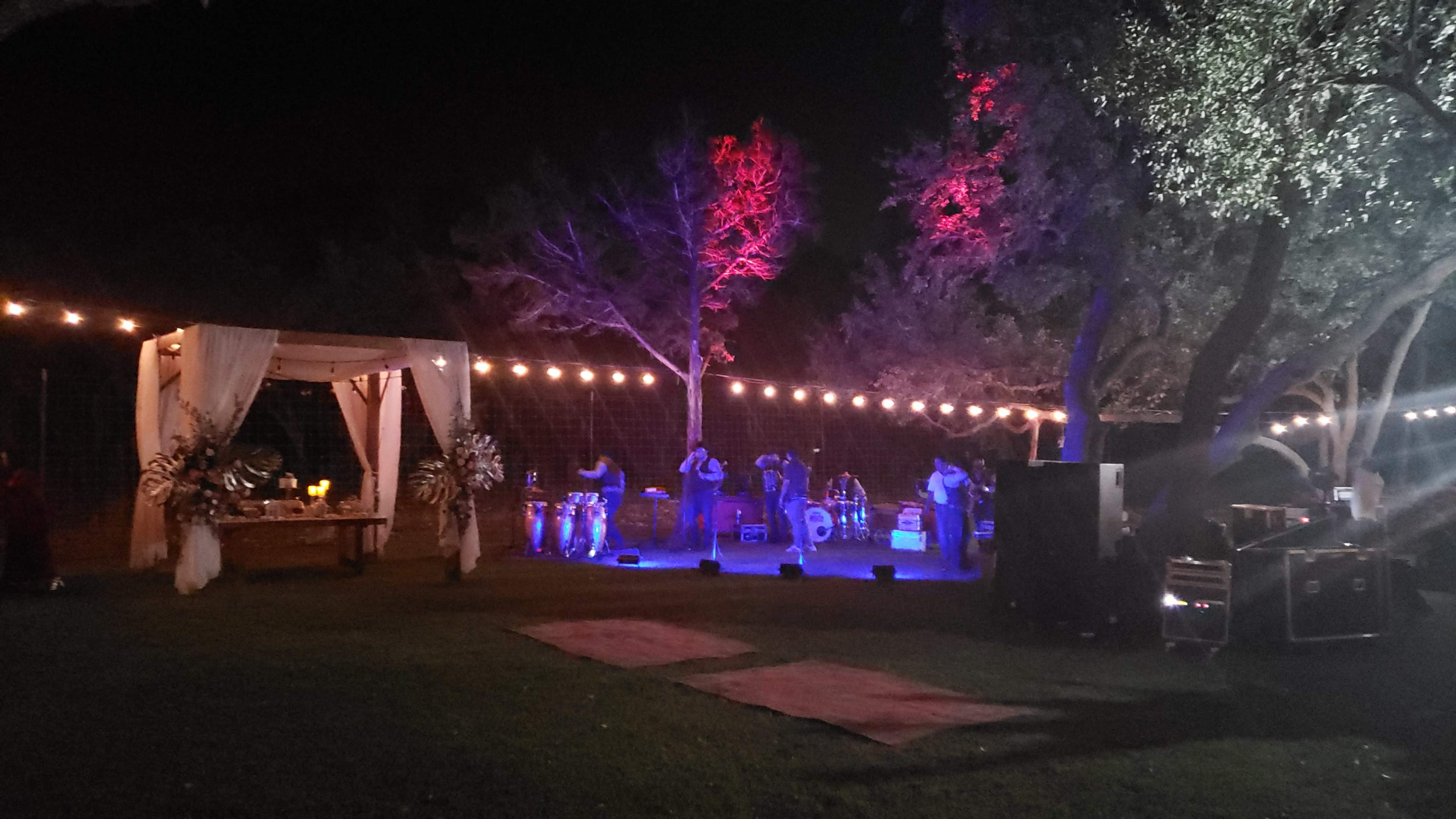 A band performs on a stage illuminated by colorful lights in an outdoor venue adorned with string lights and a decorative canopy.