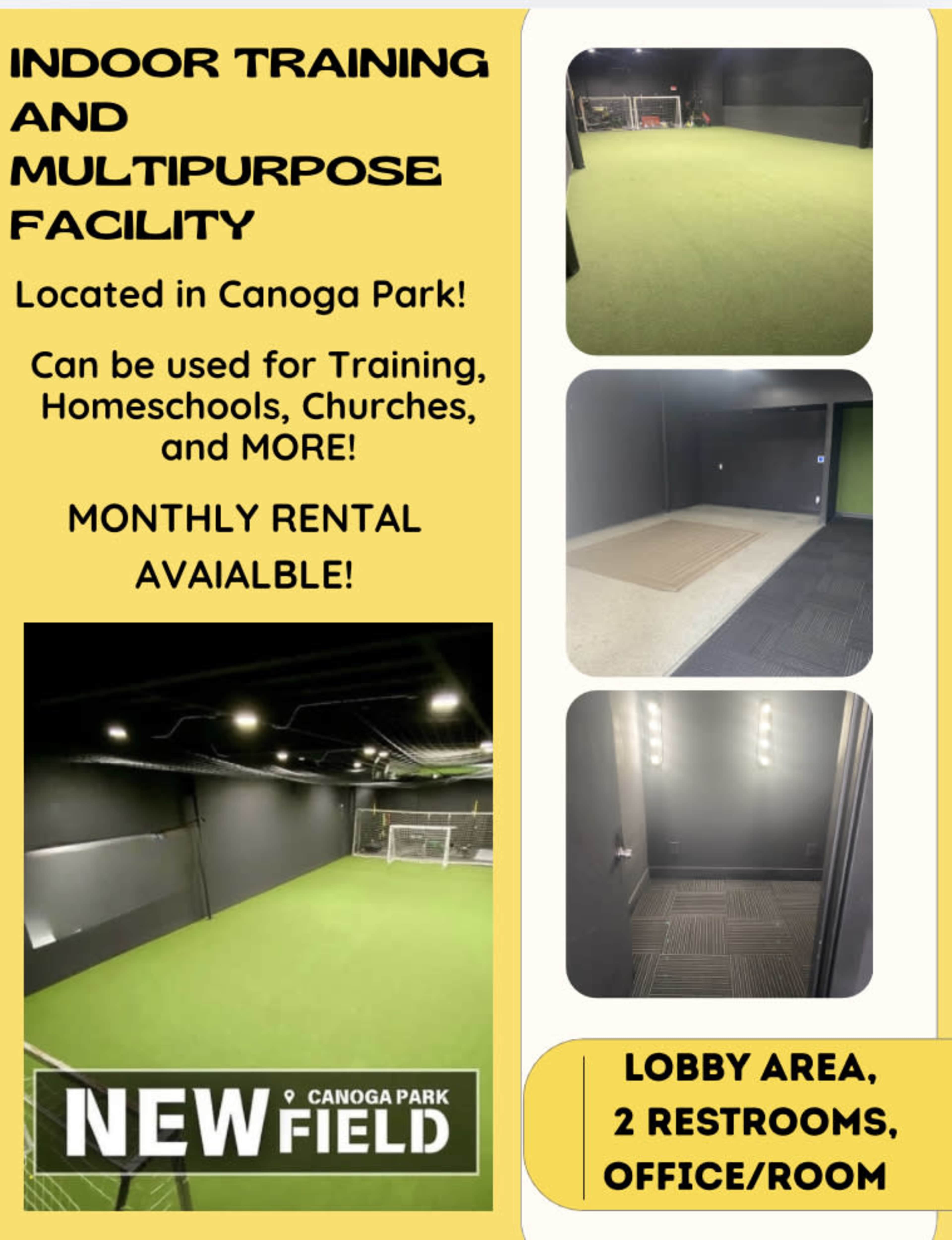 The image features an advertisement for an indoor training and multipurpose facility in Canoga Park, showcasing a green turf area and various rooms available for rental.