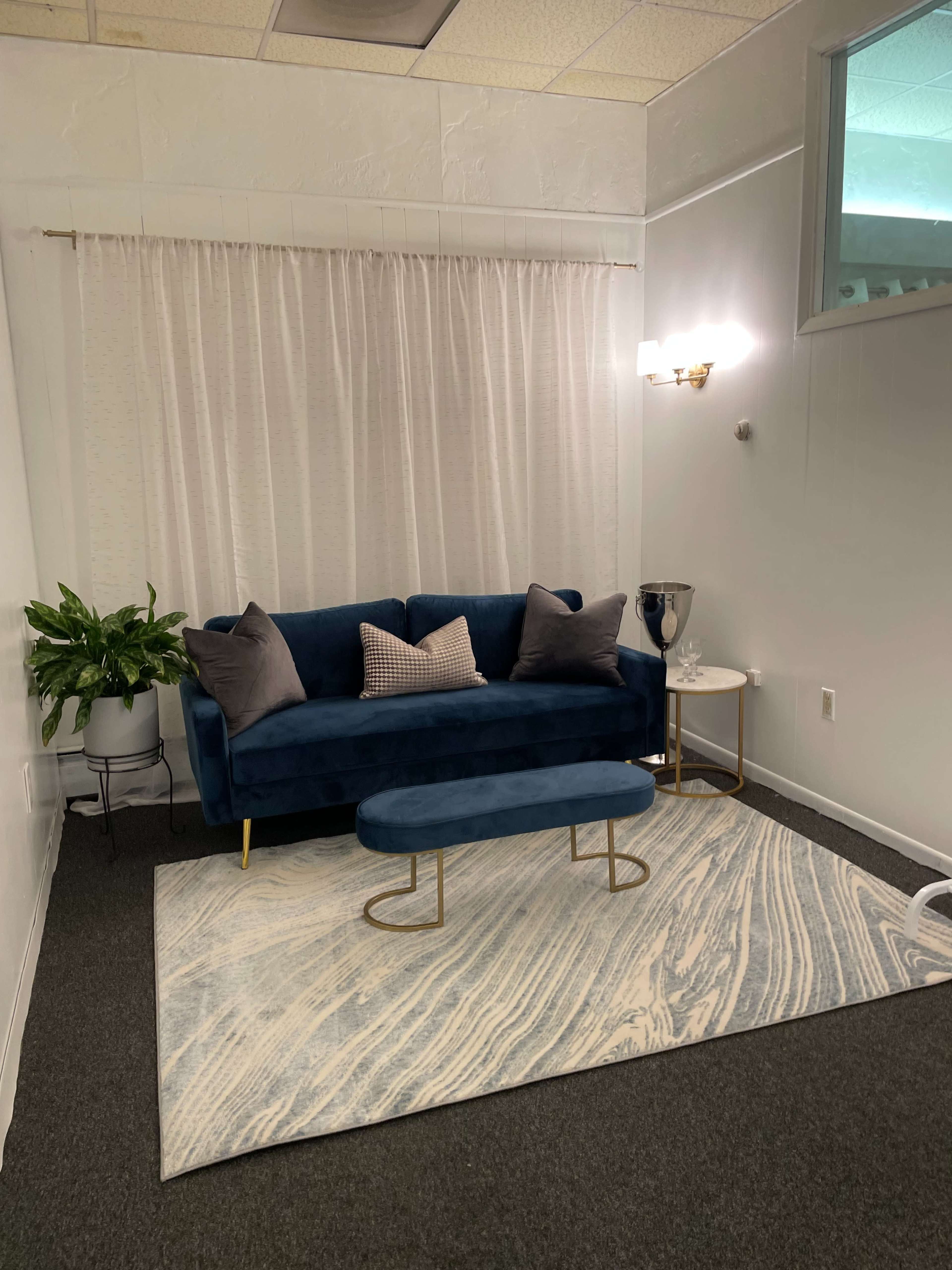 A small seating area featuring a blue sofa with decorative pillows, a matching ottoman, a marble-patterned rug, and a potted plant in the corner.