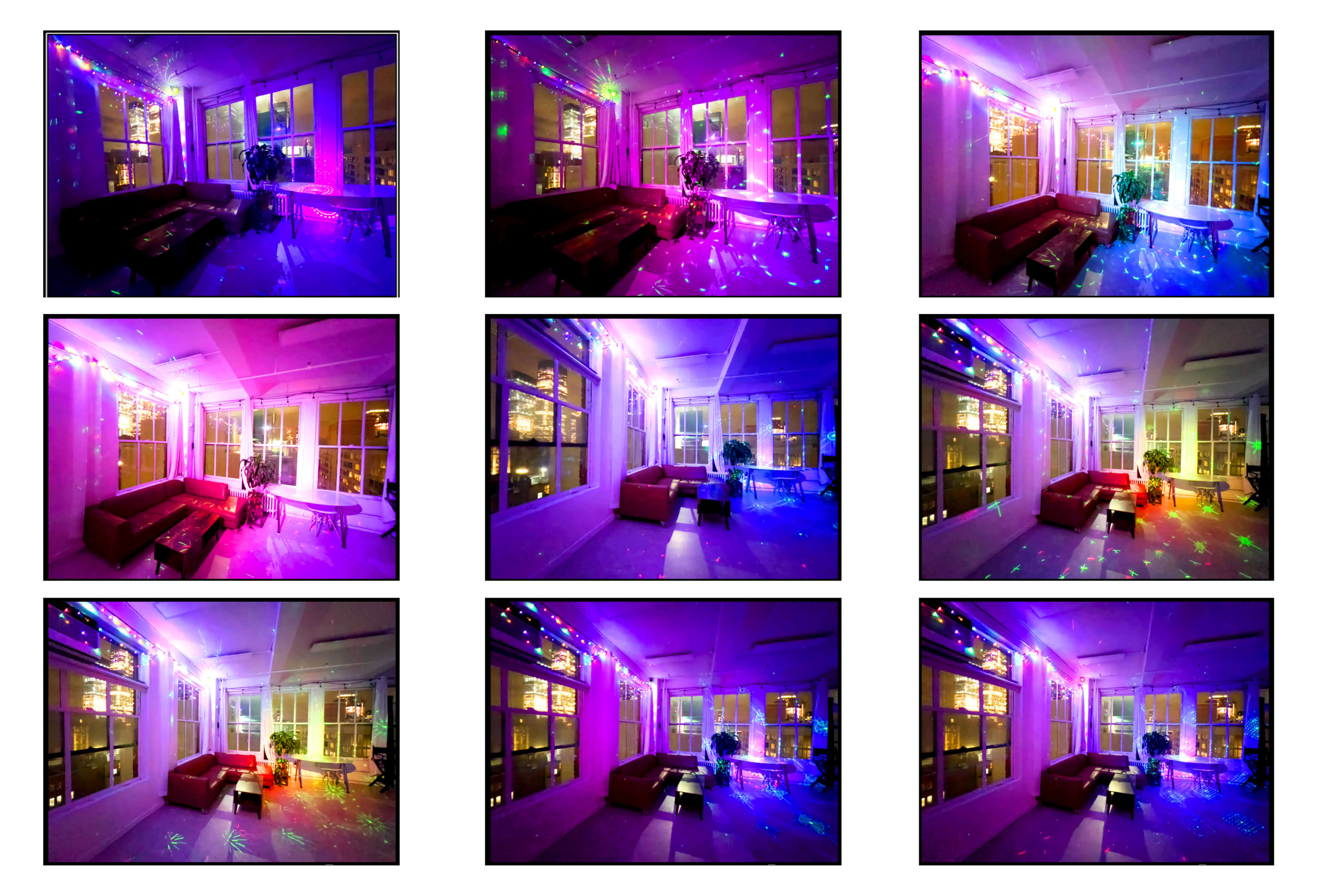 A room with large windows, illuminated by colorful lights, creating varied lighting effects on the walls and furniture.
