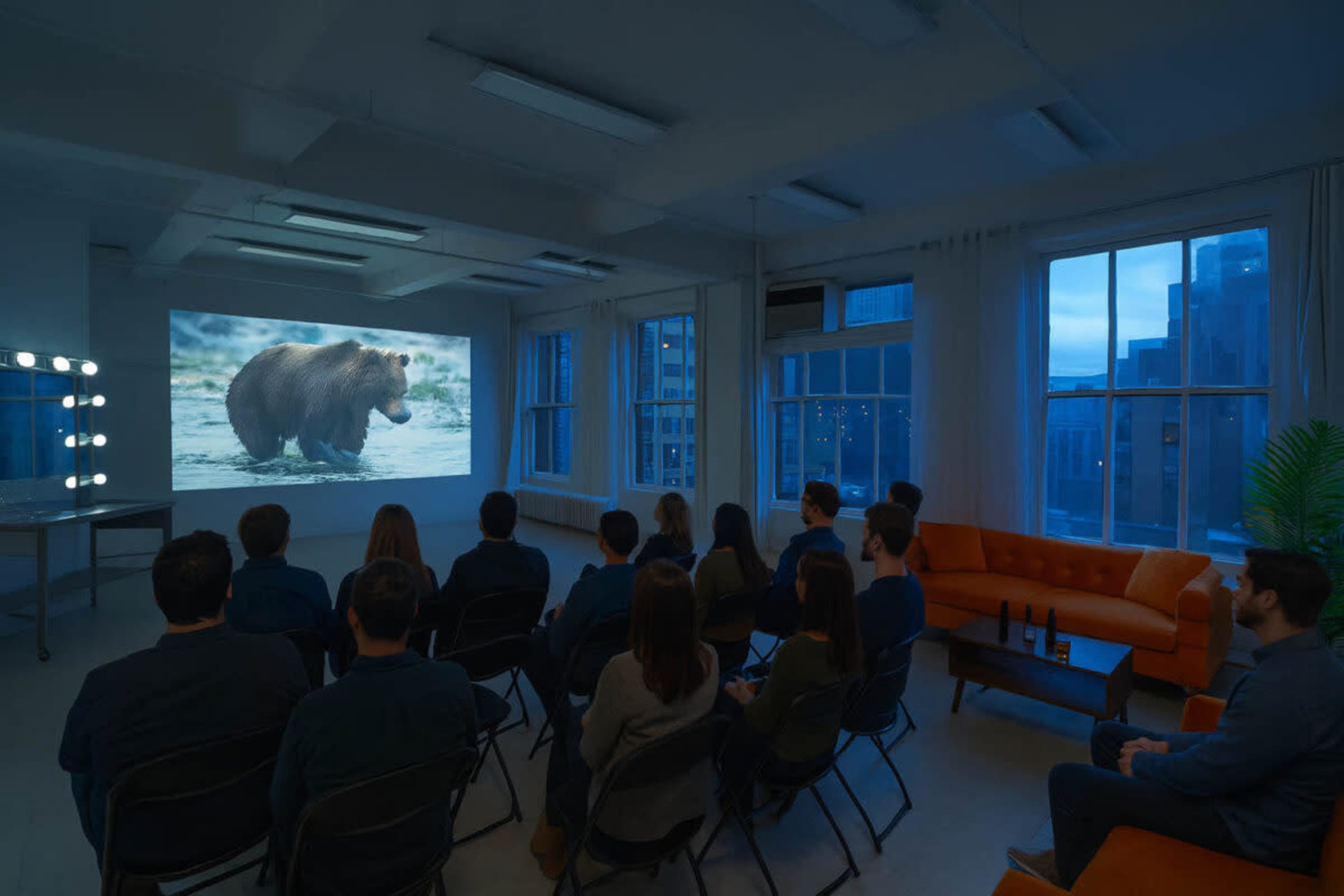 A group of people sits on folding chairs watching a bear on a large screen in a dimly lit room with large windows.