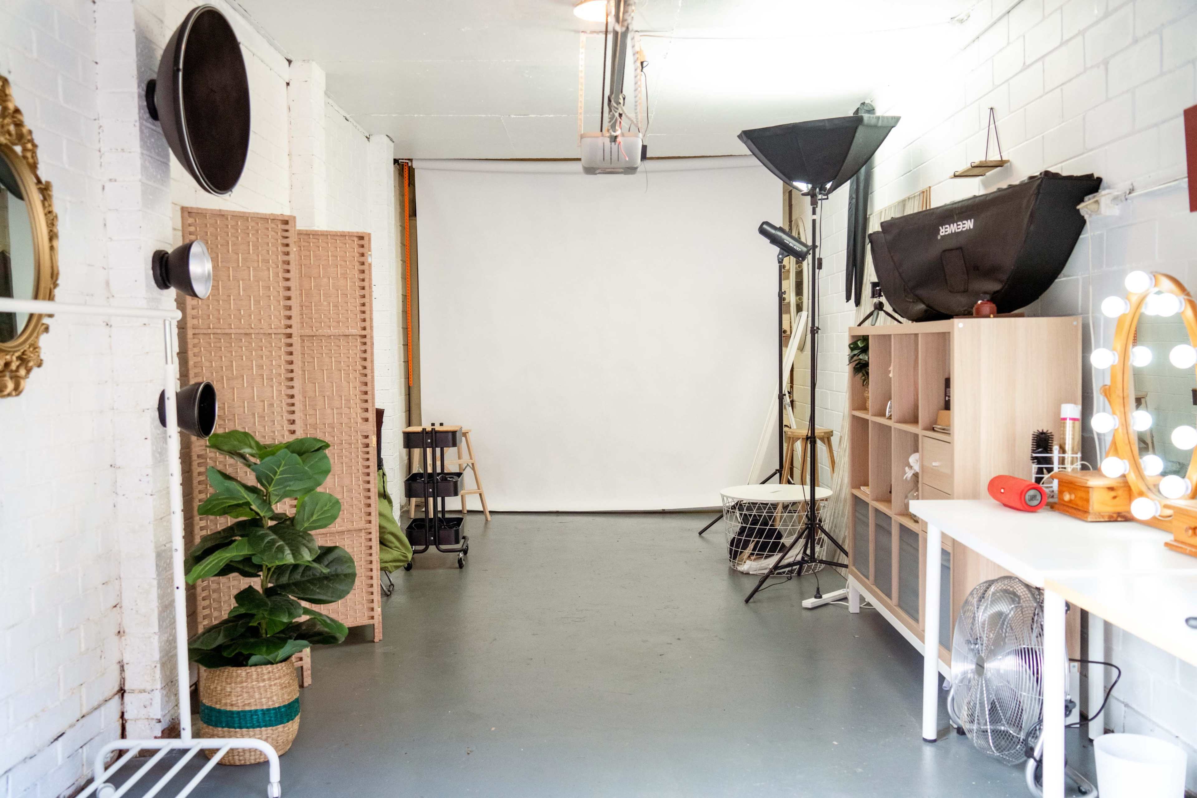 A photography studio with a white backdrop, various studio equipment, a plant, and organized shelves.