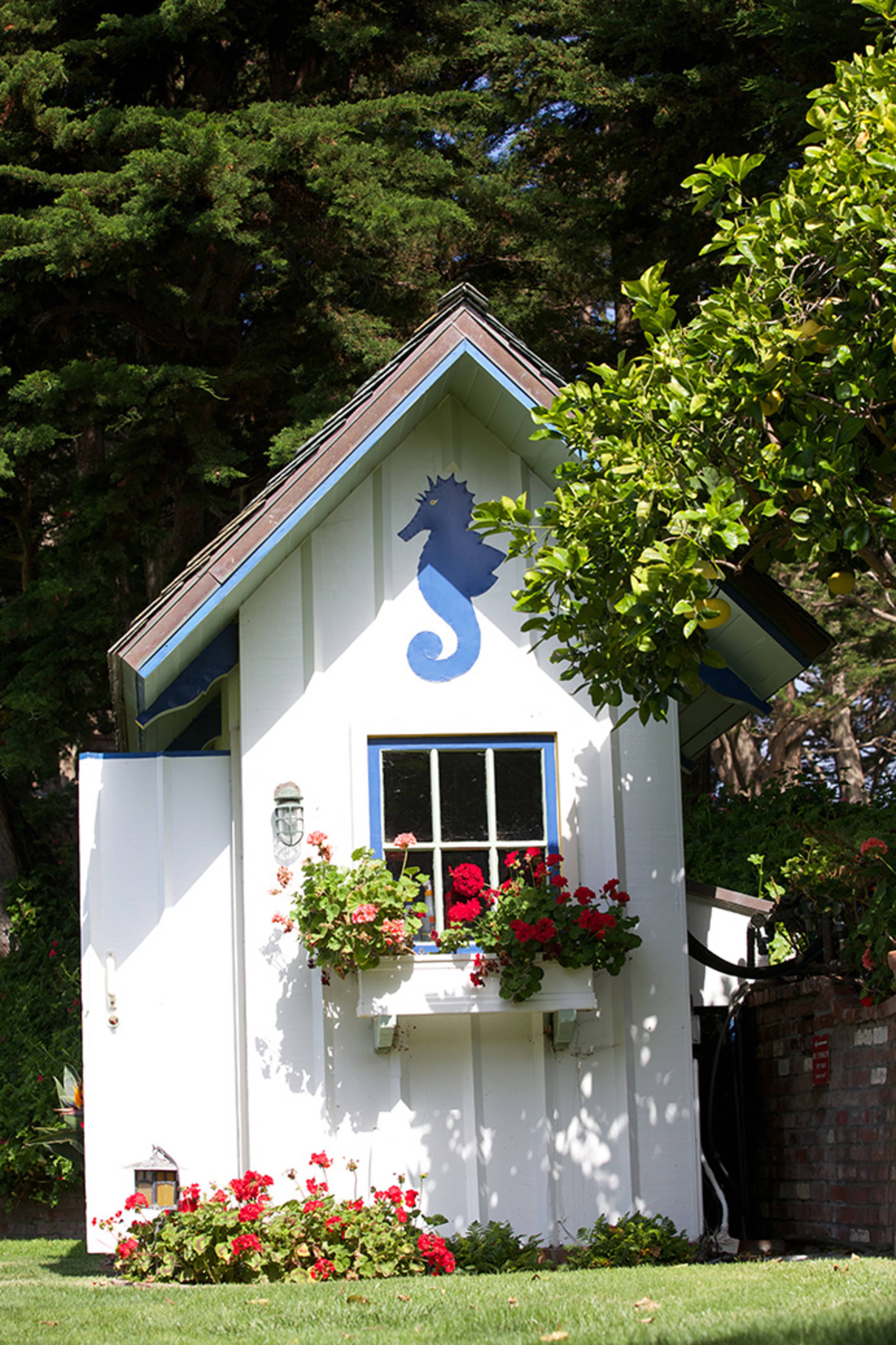 A small white cottage with a blue roof features a large seahorse painted on the side and flower boxes filled with red blossoms under its window.