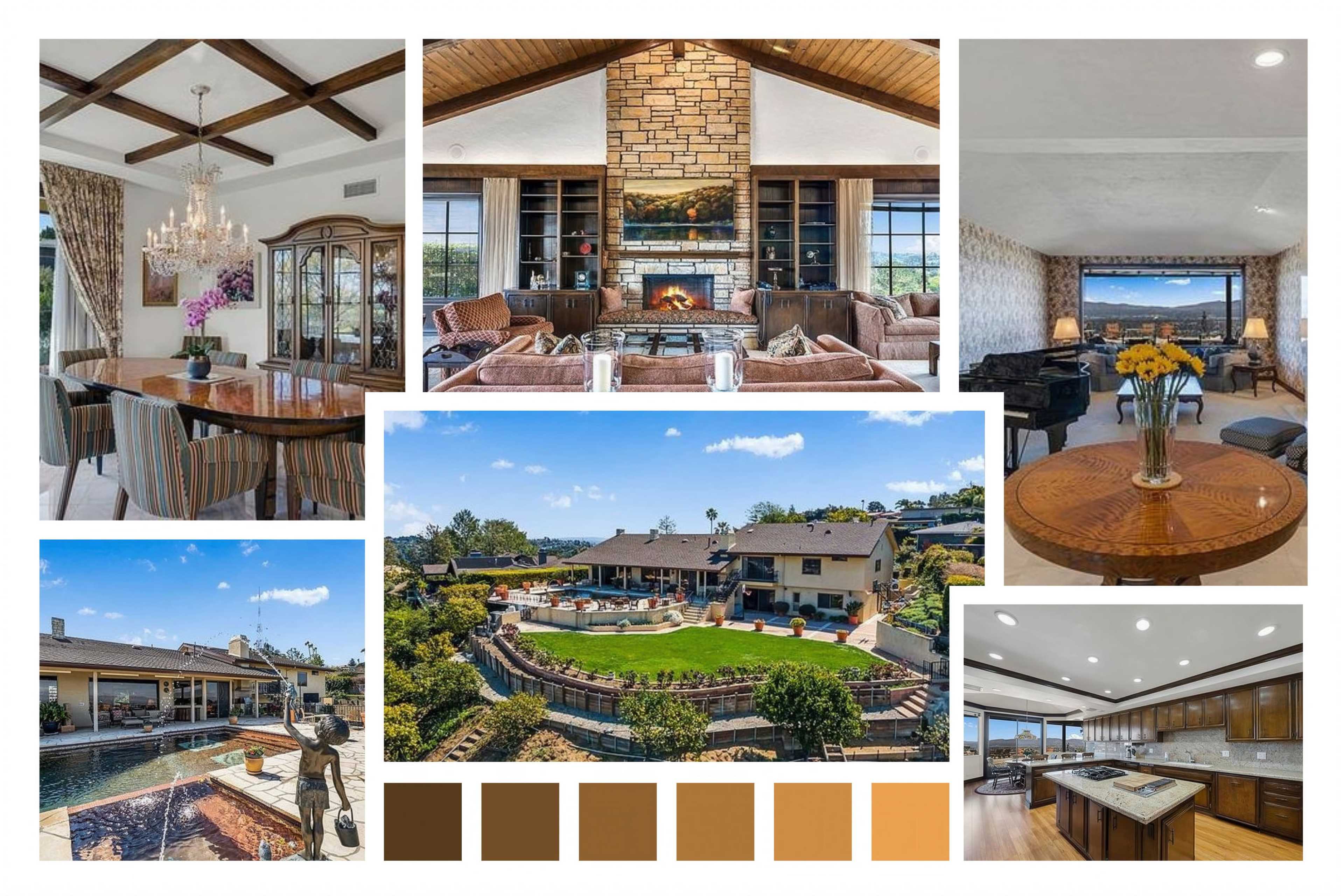 The image showcases a collage of luxurious interior and exterior spaces of a home, featuring a dining room, living area, kitchen, and backyard pool with scenic views.
