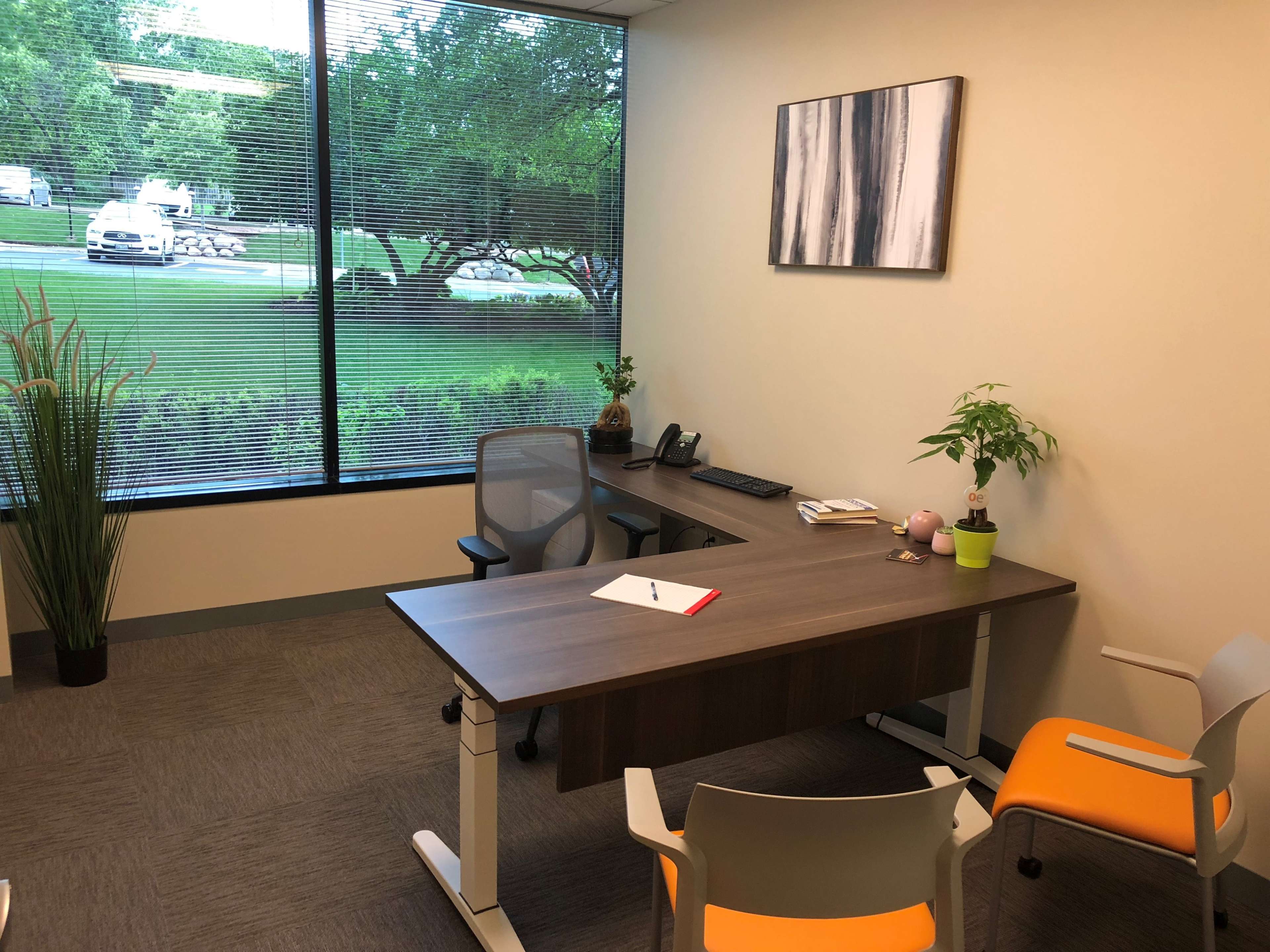 A modern office space features a wooden desk, an ergonomic chair, a small plant, and a large window overlooking greenery.