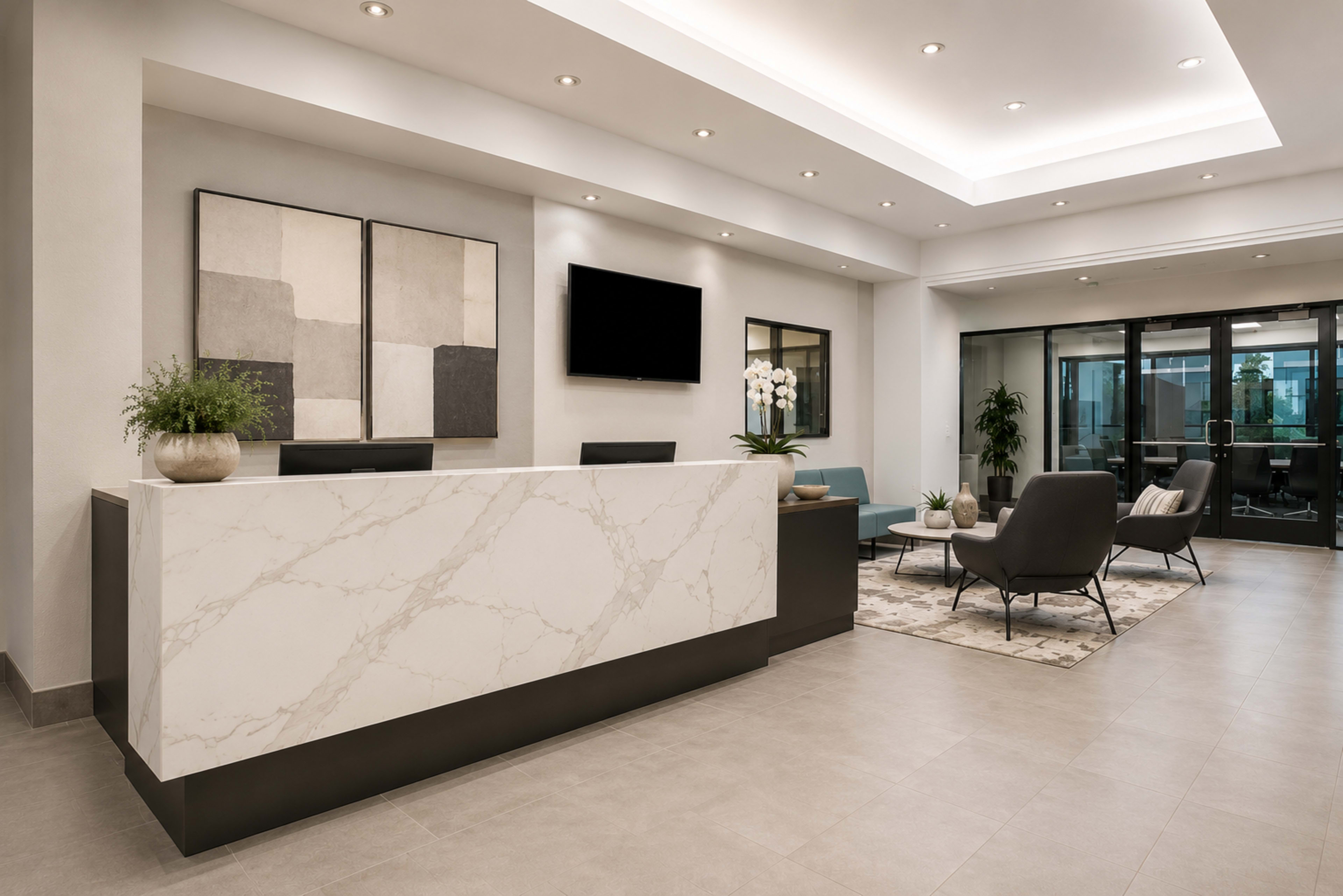The image shows a modern reception area featuring a marble-clad front desk, minimalistic artwork, and a seating arrangement with chairs and a rug.