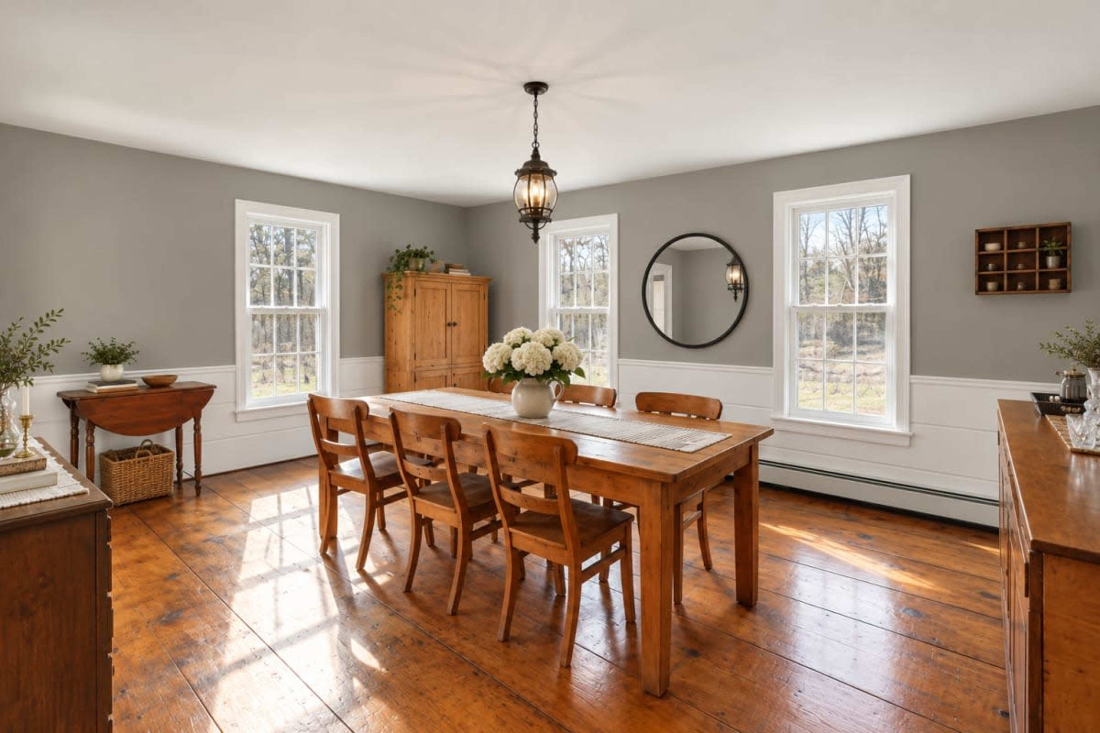A spacious dining room features a large wooden table surrounded by chairs, with windows allowing natural light to fill the room.