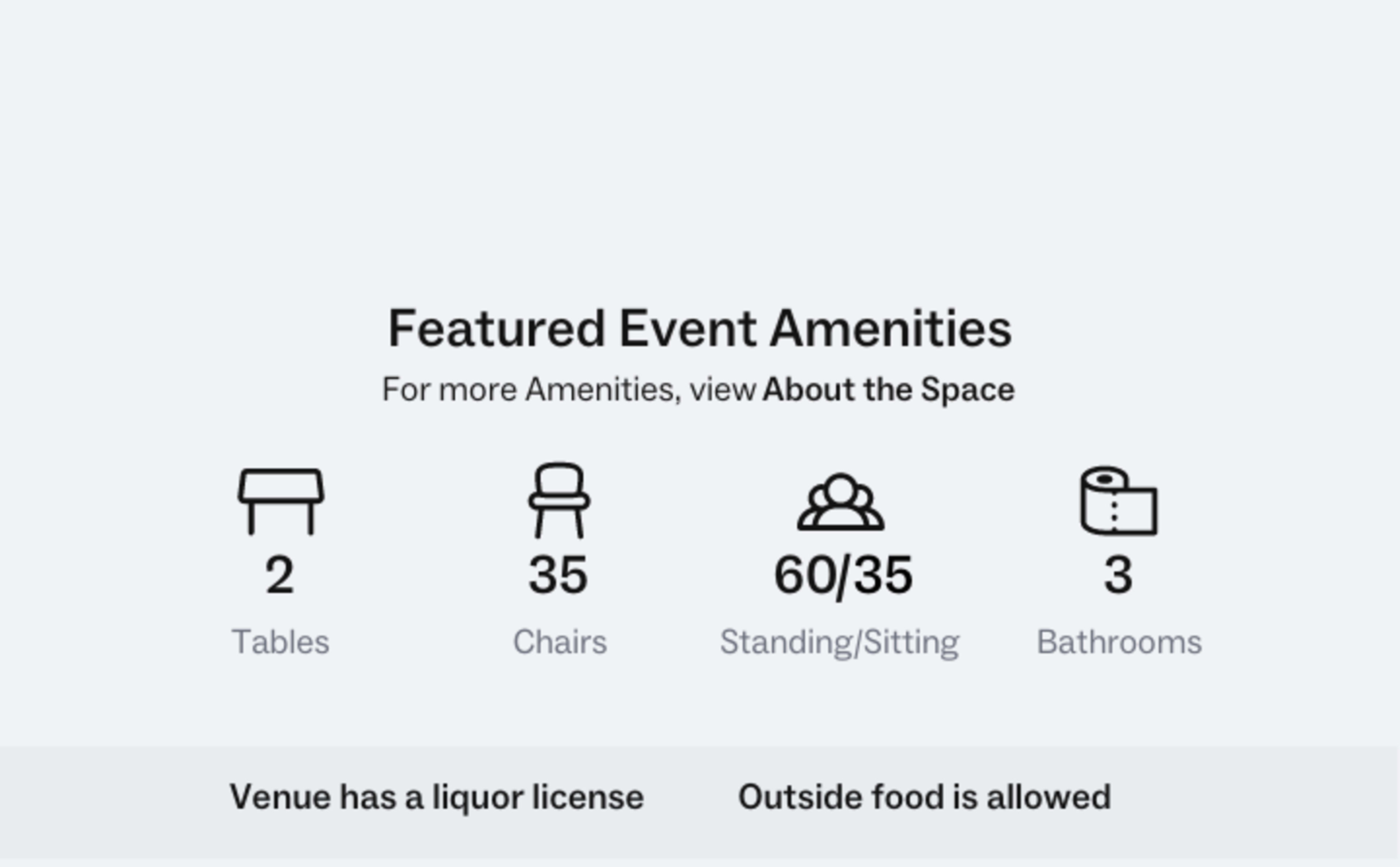 A listing of event amenities, including quantities for tables, chairs, standing/sitting capacity, and bathrooms.