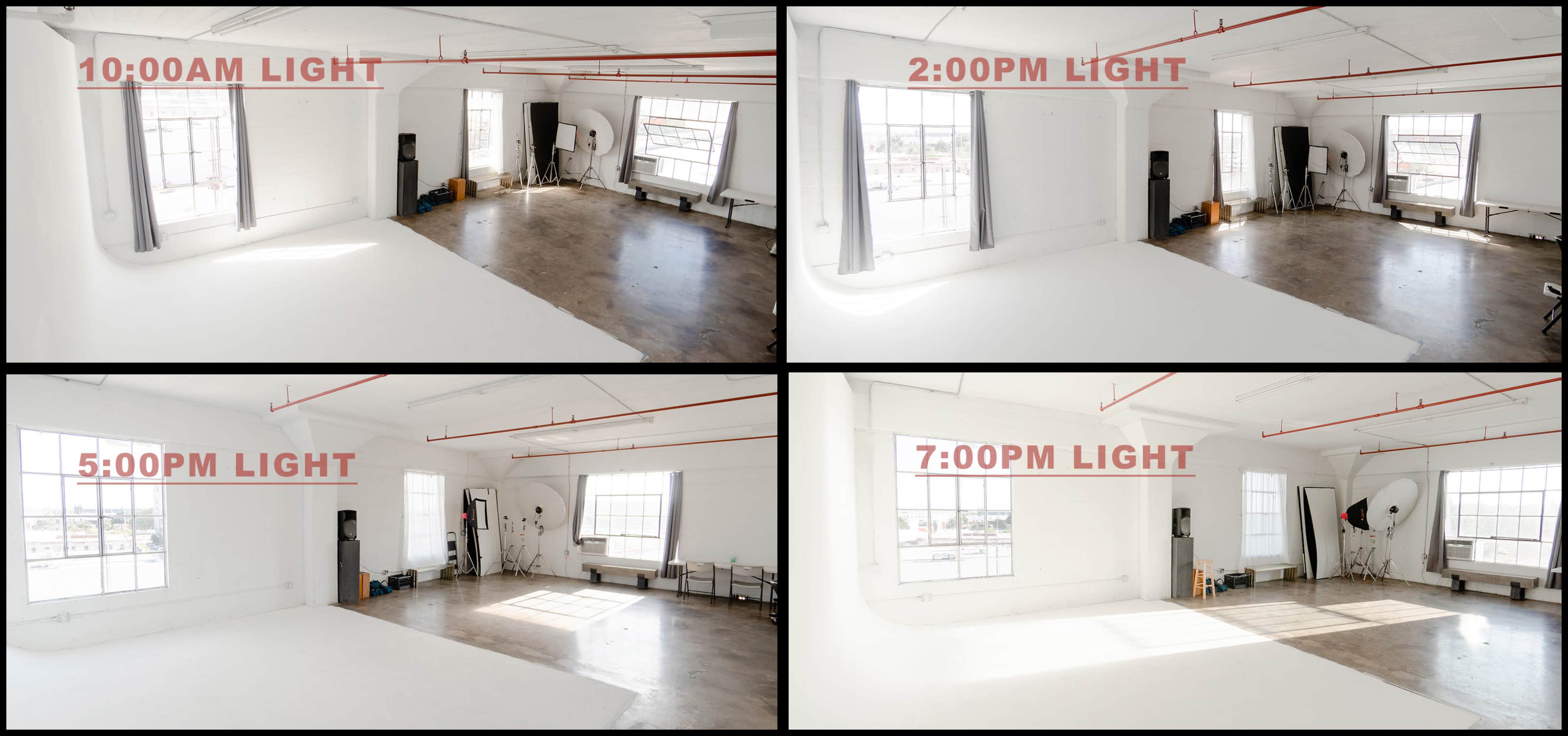 Four different views of a studio space at various times of the day, labeled with the corresponding time and lighting conditions.