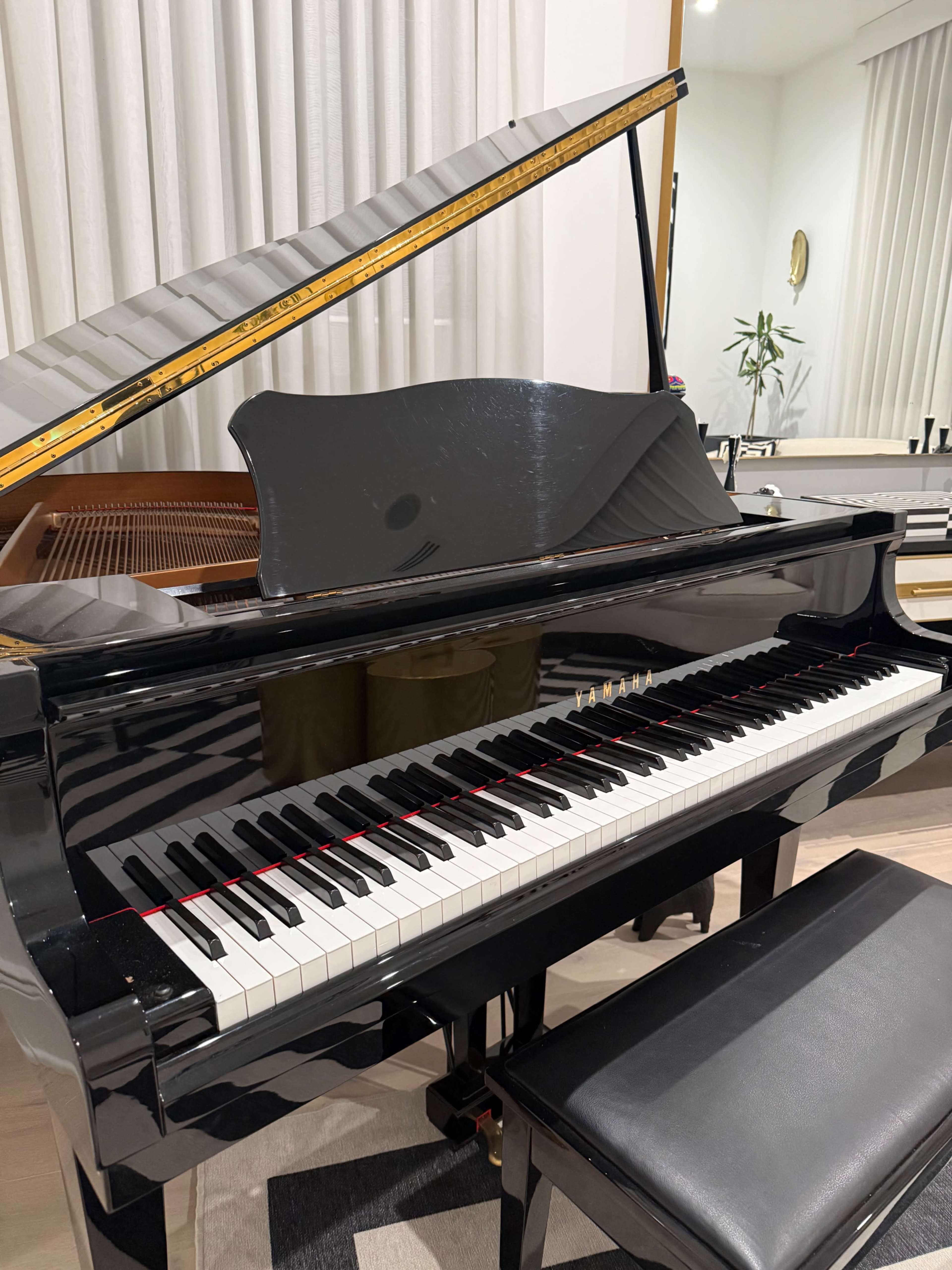 A black grand piano is positioned in a brightly lit room with large windows and a minimalist decor.
