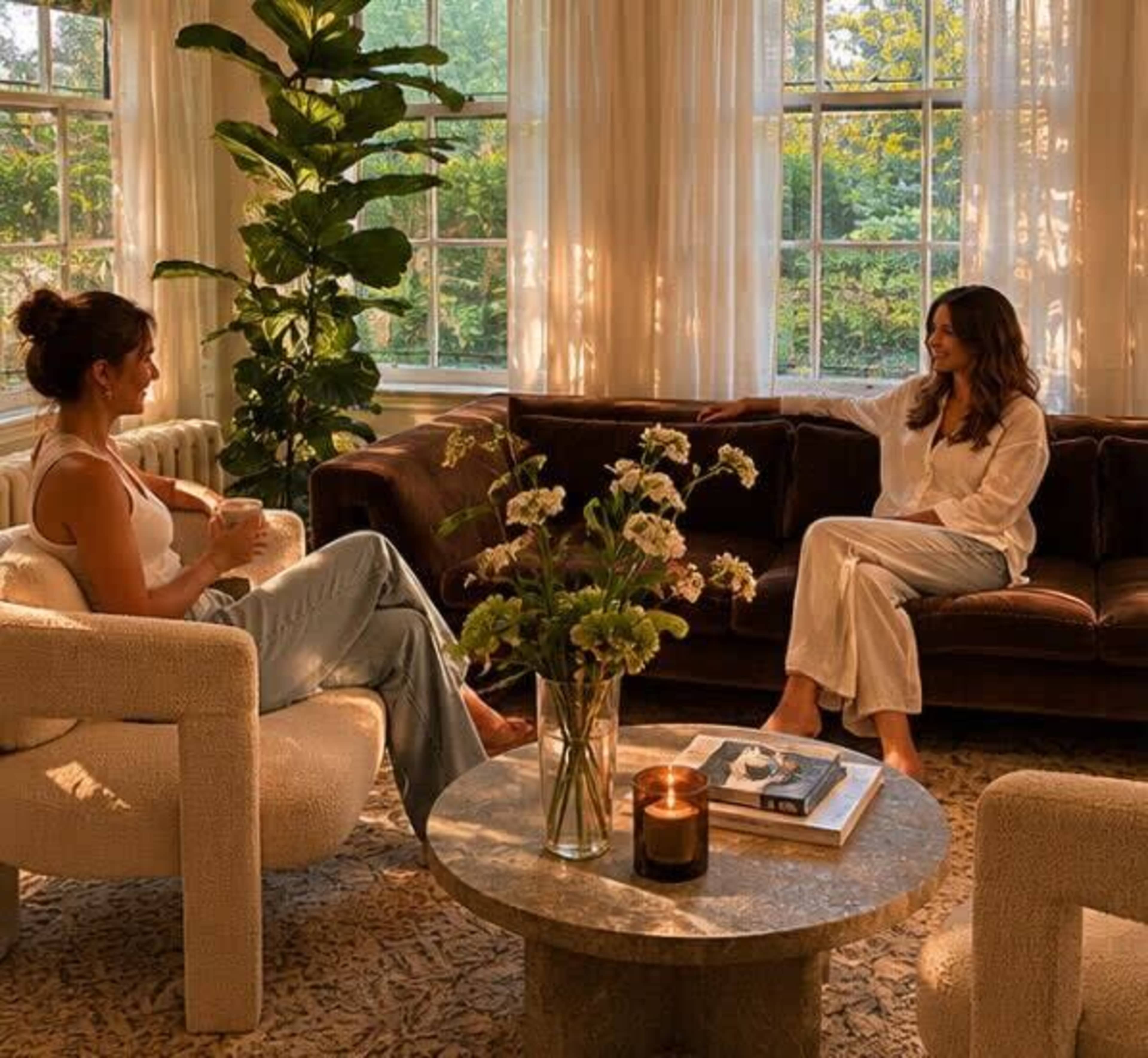 Two women are seated in a cozy living room, engaged in conversation, surrounded by large windows and indoor plants, with a coffee table displaying a candle and a book.