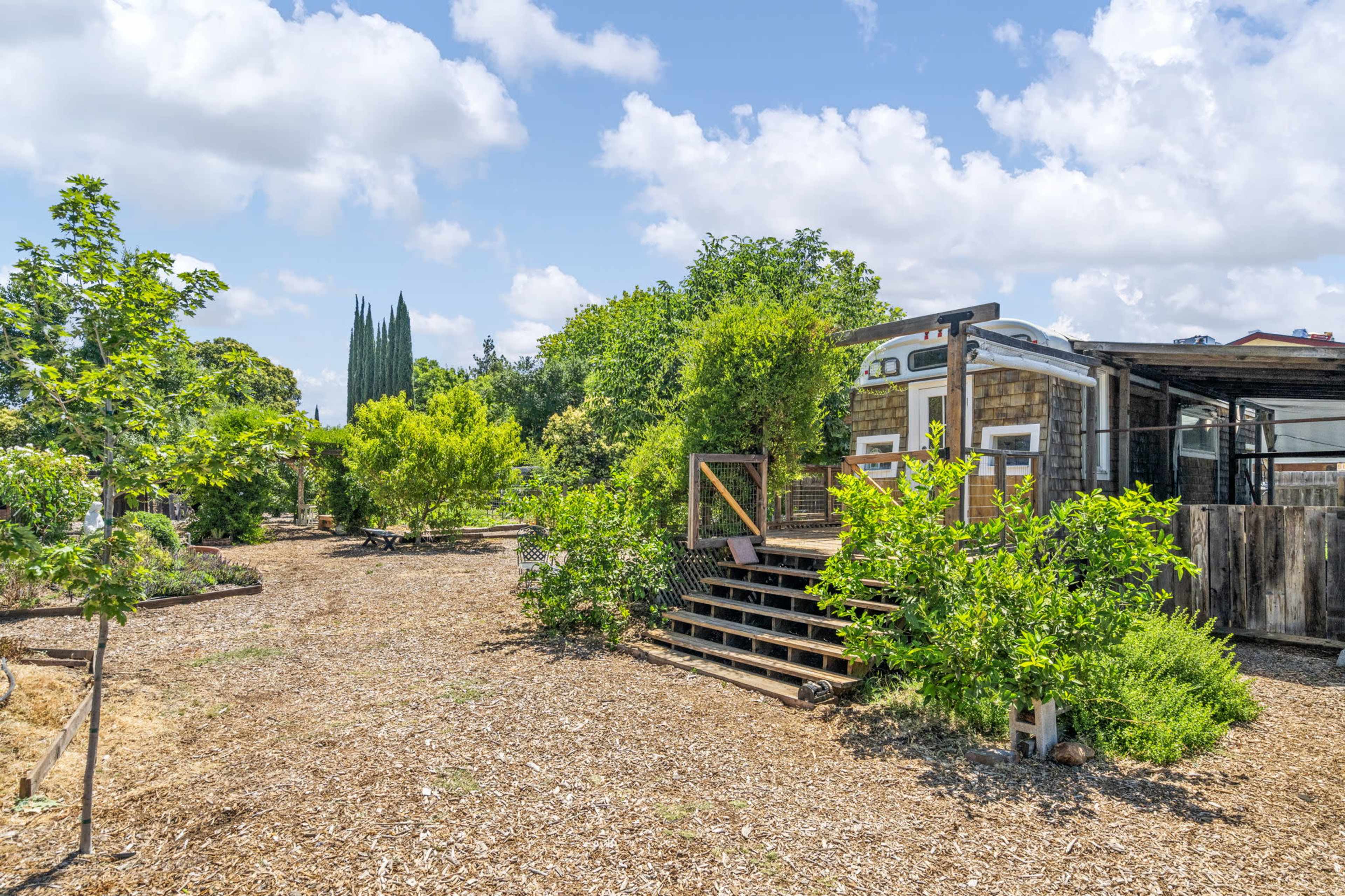 A trailer is parked next to a wooden deck surrounded by various trees and shrubs in a garden-like setting.