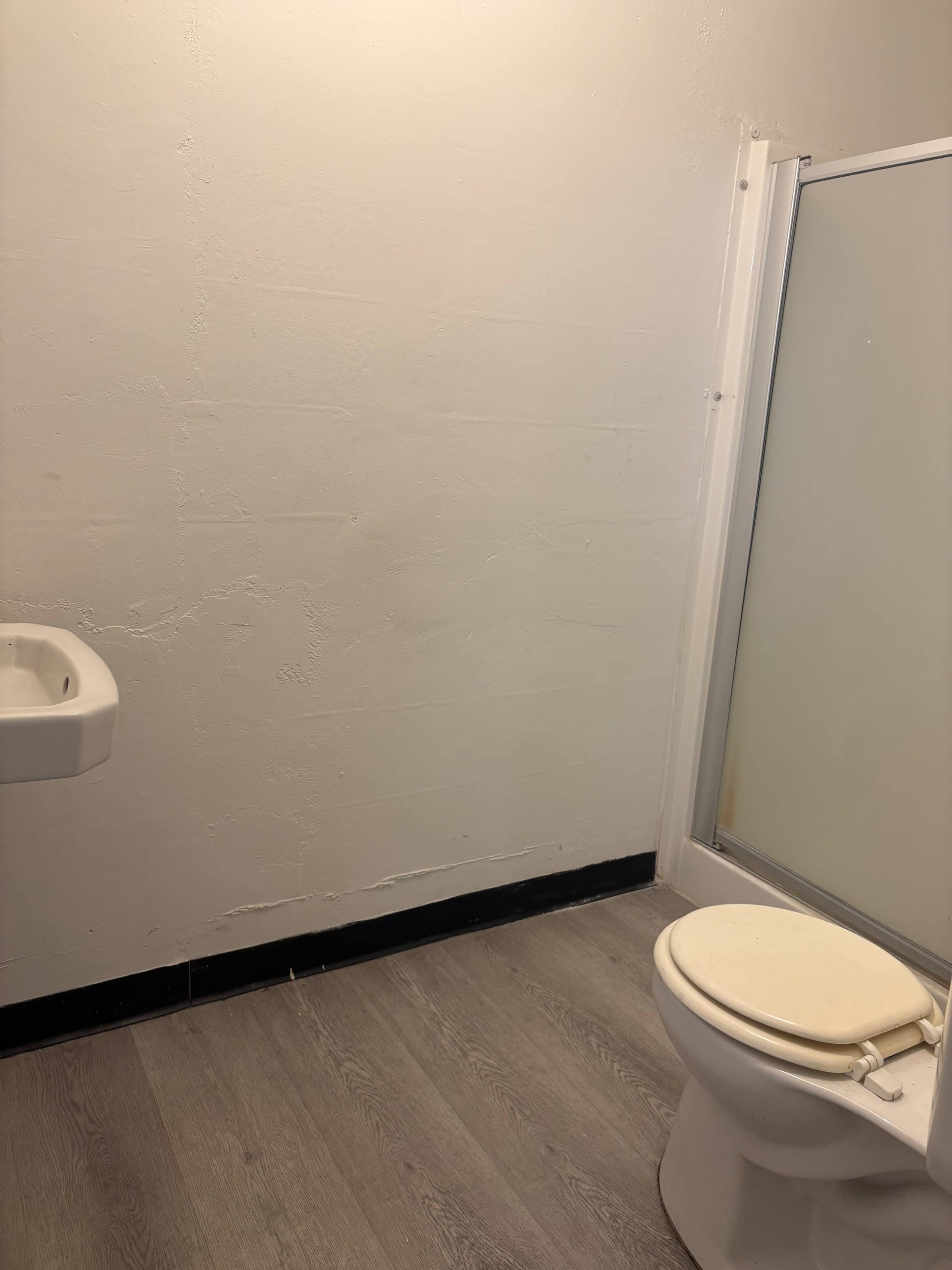 The image shows a small, empty bathroom with a shower stall in one corner and a toilet on the floor.