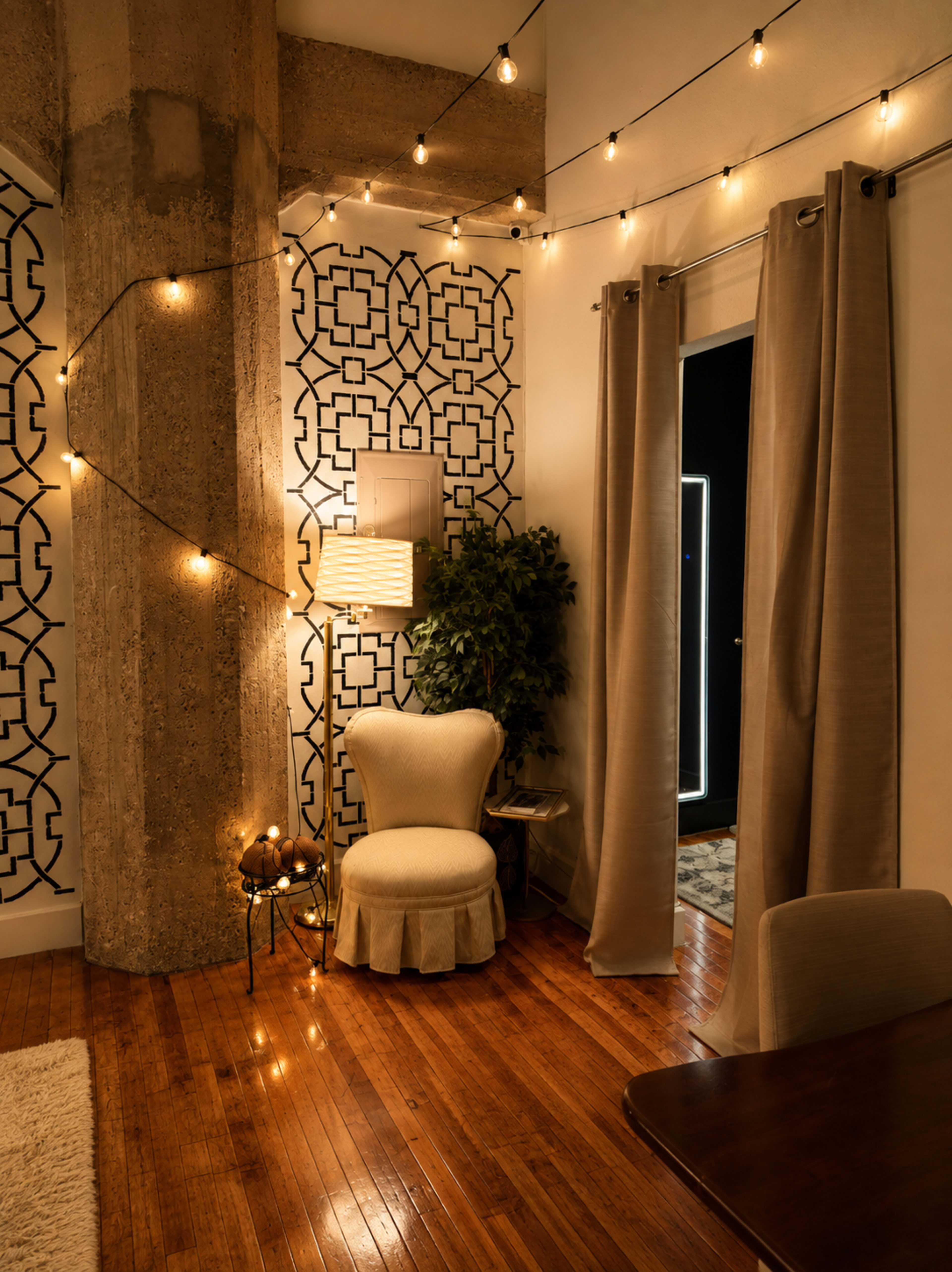 The image depicts a cozy corner of a room featuring a patterned wall, a soft chair, a floor lamp, and string lights creating a warm ambiance.