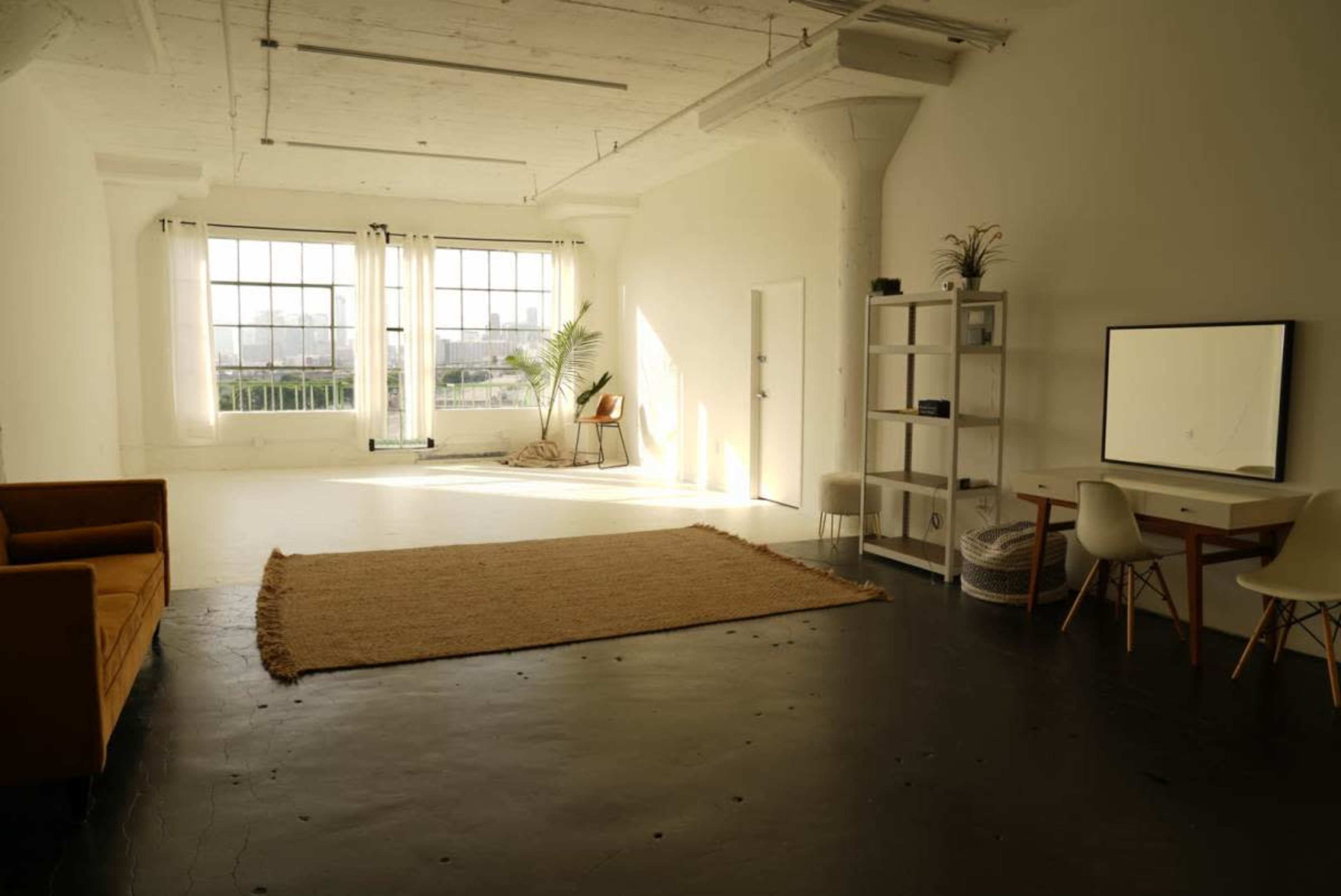A bright, spacious room featuring large windows, a beige rug on a dark floor, a sofa, a desk with a mirror, and various plants.