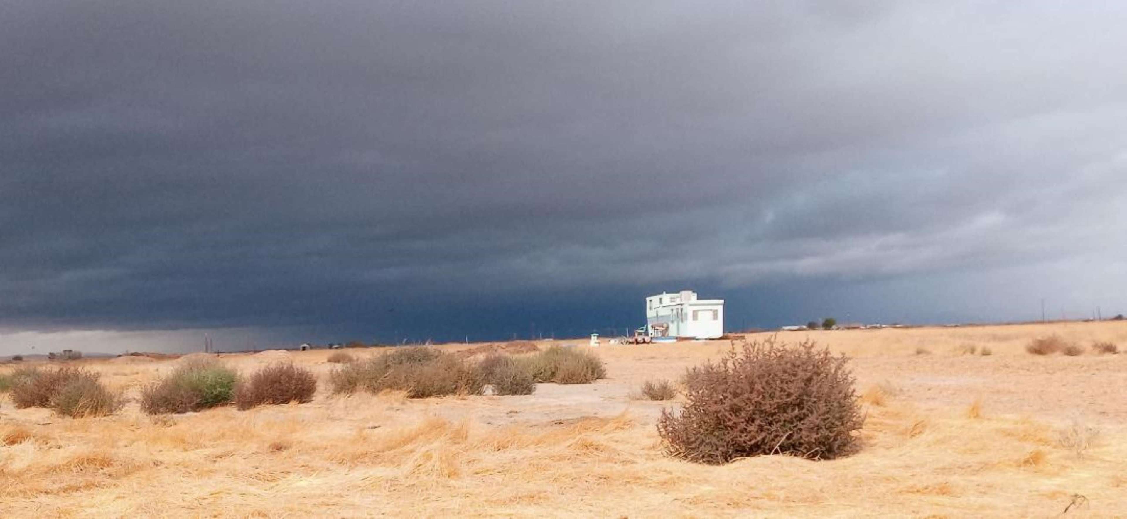 A desolate landscape with dry grass and a small white building under a dark, cloudy sky.
