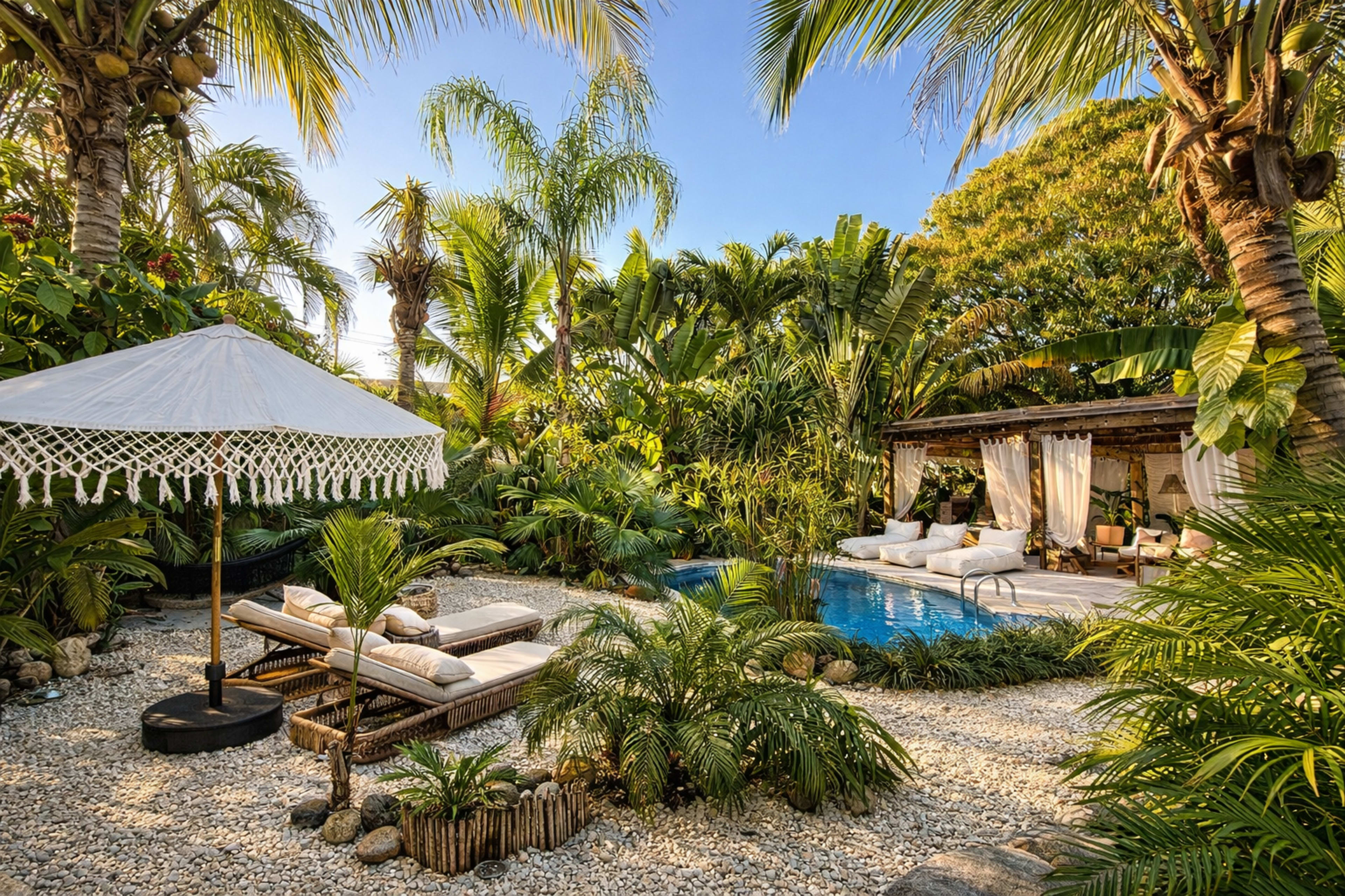 The scene features a tropical outdoor area with a swimming pool surrounded by lush greenery, lounge chairs, and a parasol.