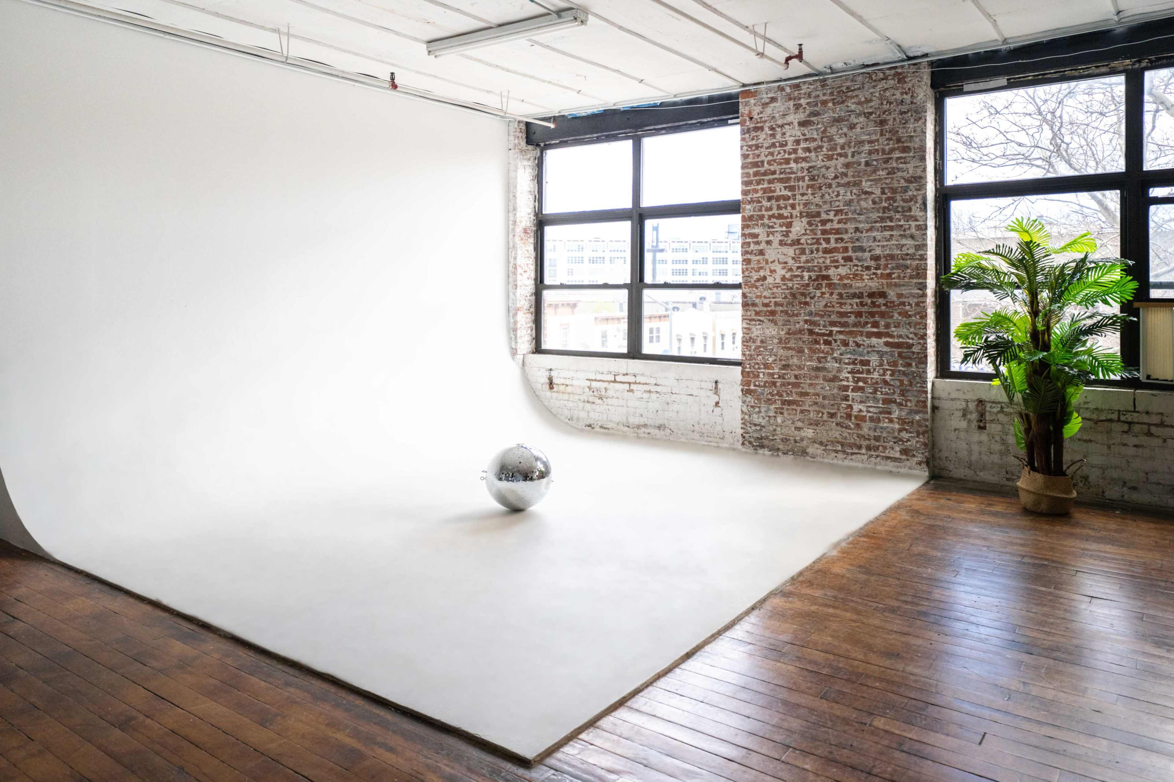 A spacious, empty room with a wooden floor, a white backdrop, and a mirrored disco ball on the ground next to a potted plant.