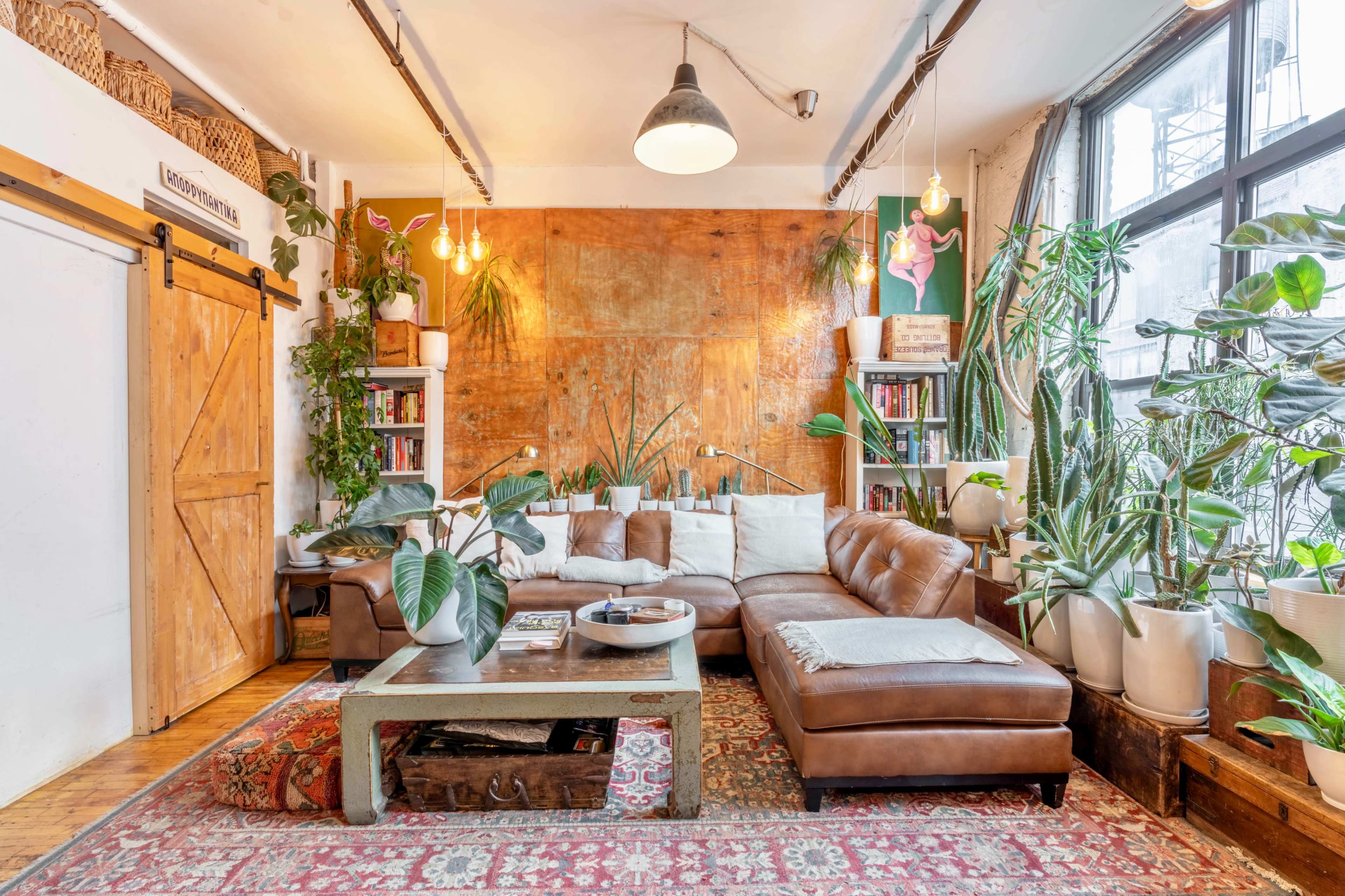 A cozy living room with a brown sectional couch, a wooden coffee table, large windows, various indoor plants, and shelves filled with books.