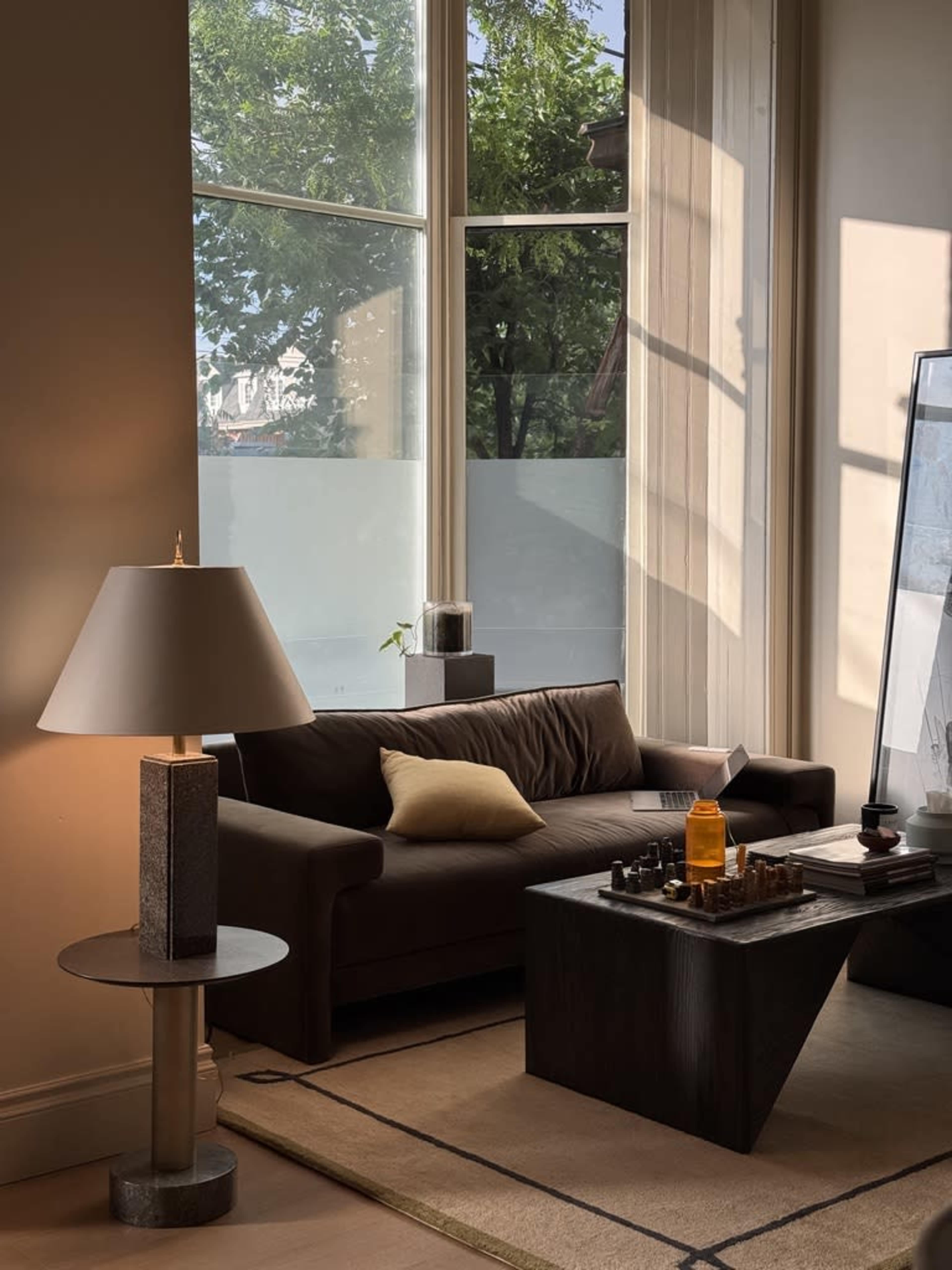 The image shows a modern living room with a brown sofa, a coffee table, a lamp, and large windows allowing natural light to enter.