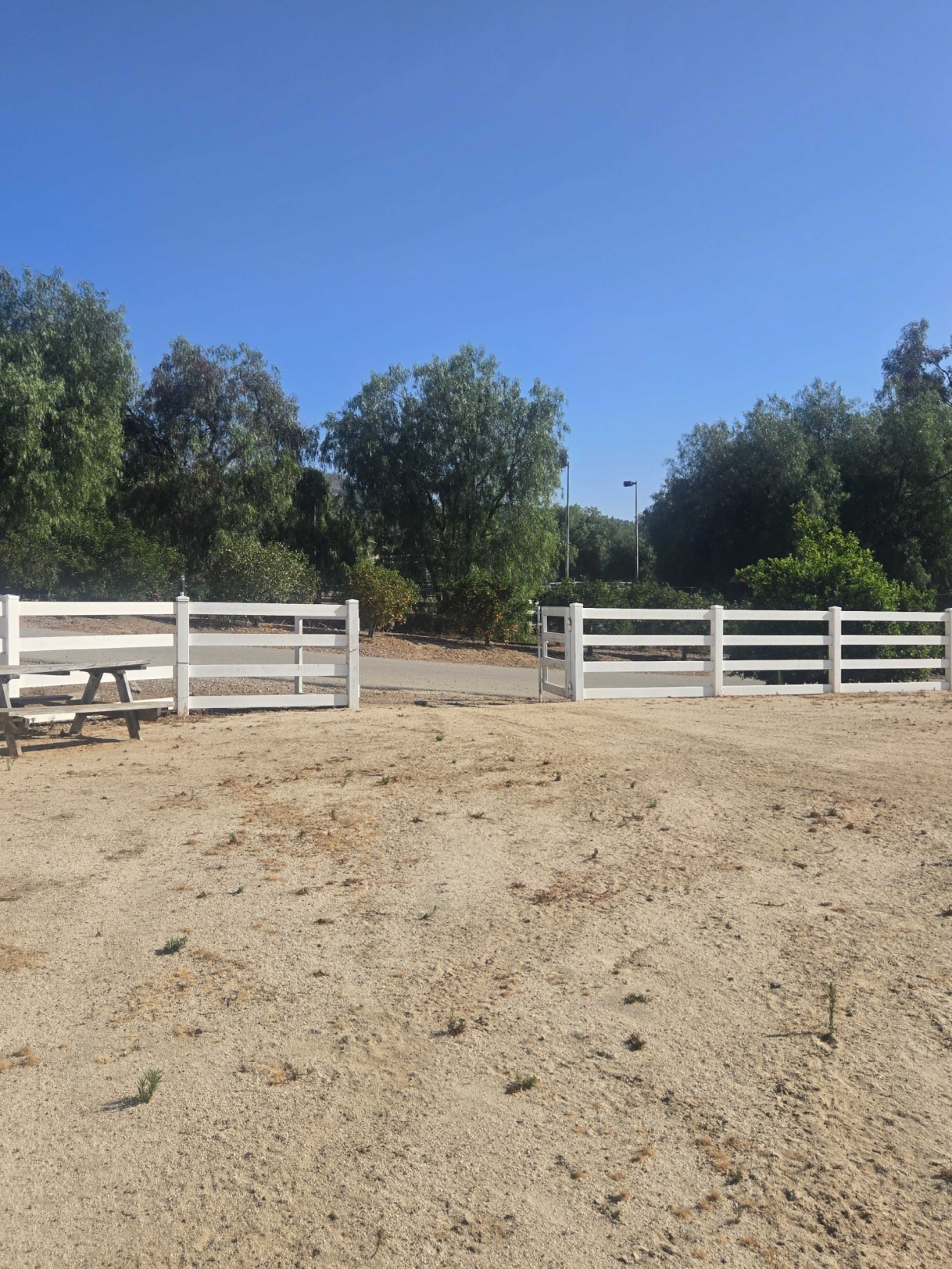 A white fence encloses a dry, sandy area with sparse vegetation and trees in the background under a clear blue sky.