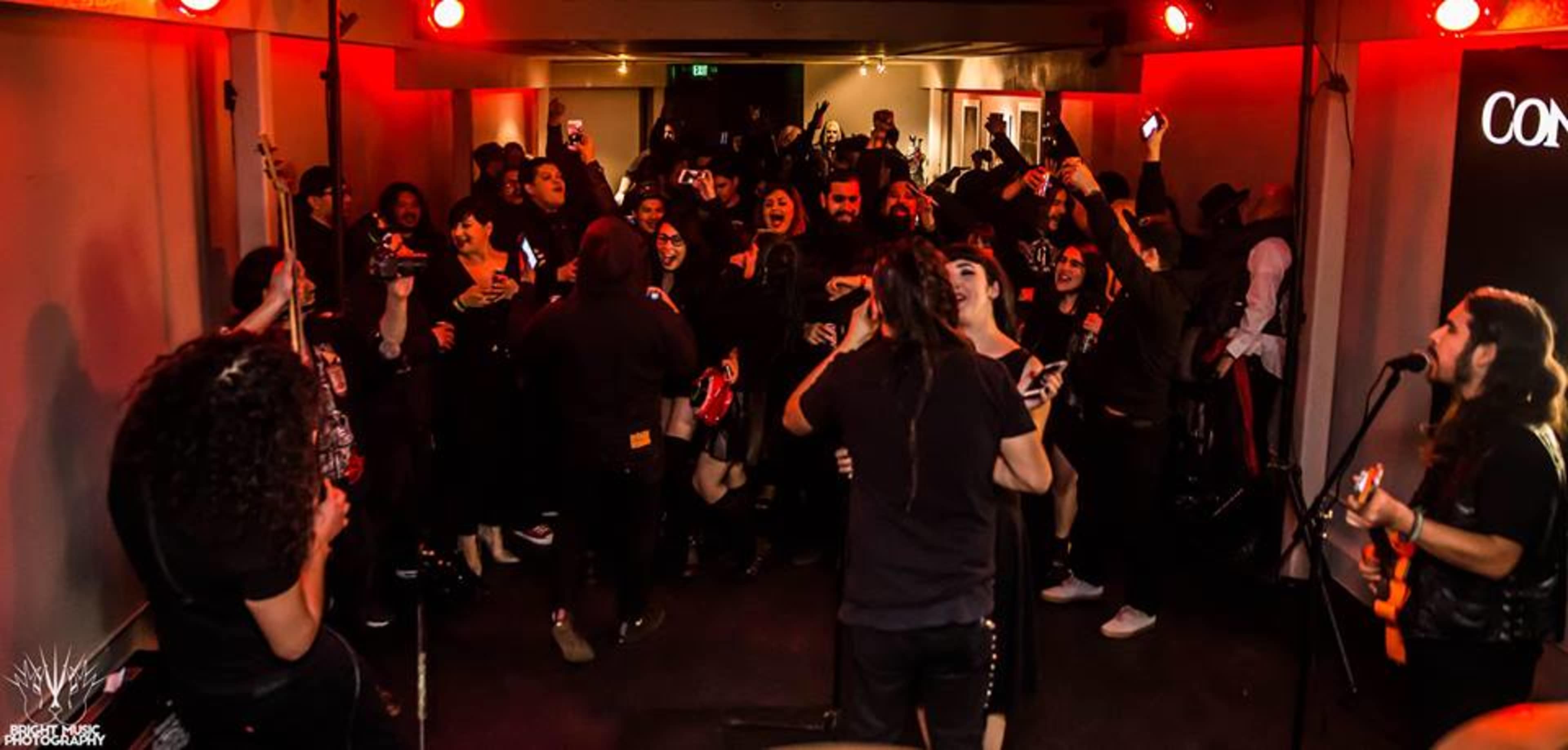 A crowd of people enthusiastically enjoys a live music performance in a dimly lit venue.