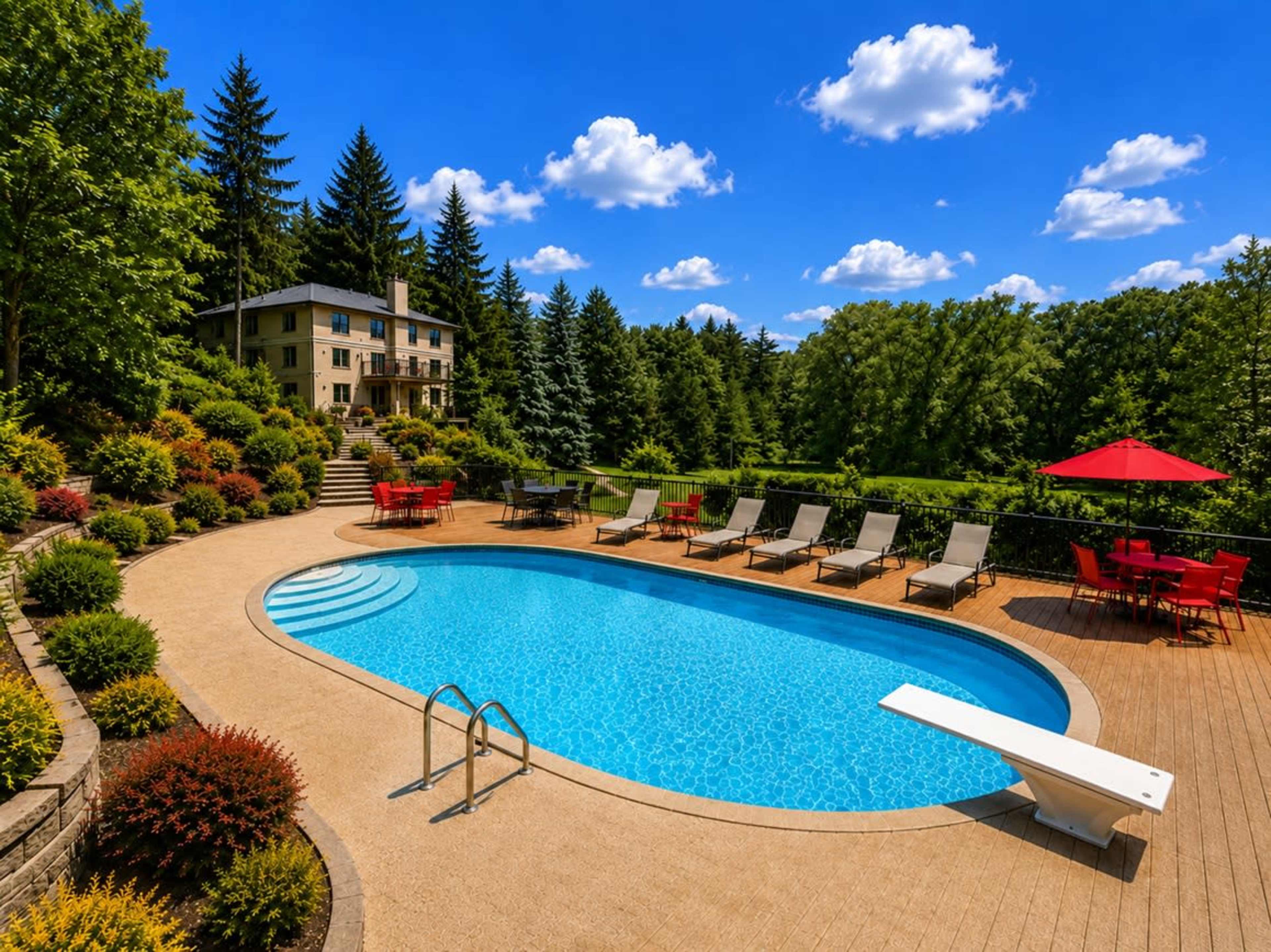 The image shows a landscaped backyard with a curved swimming pool, a diving board, lounge chairs, a patio set under a red umbrella, and a large house surrounded by trees and greenery.