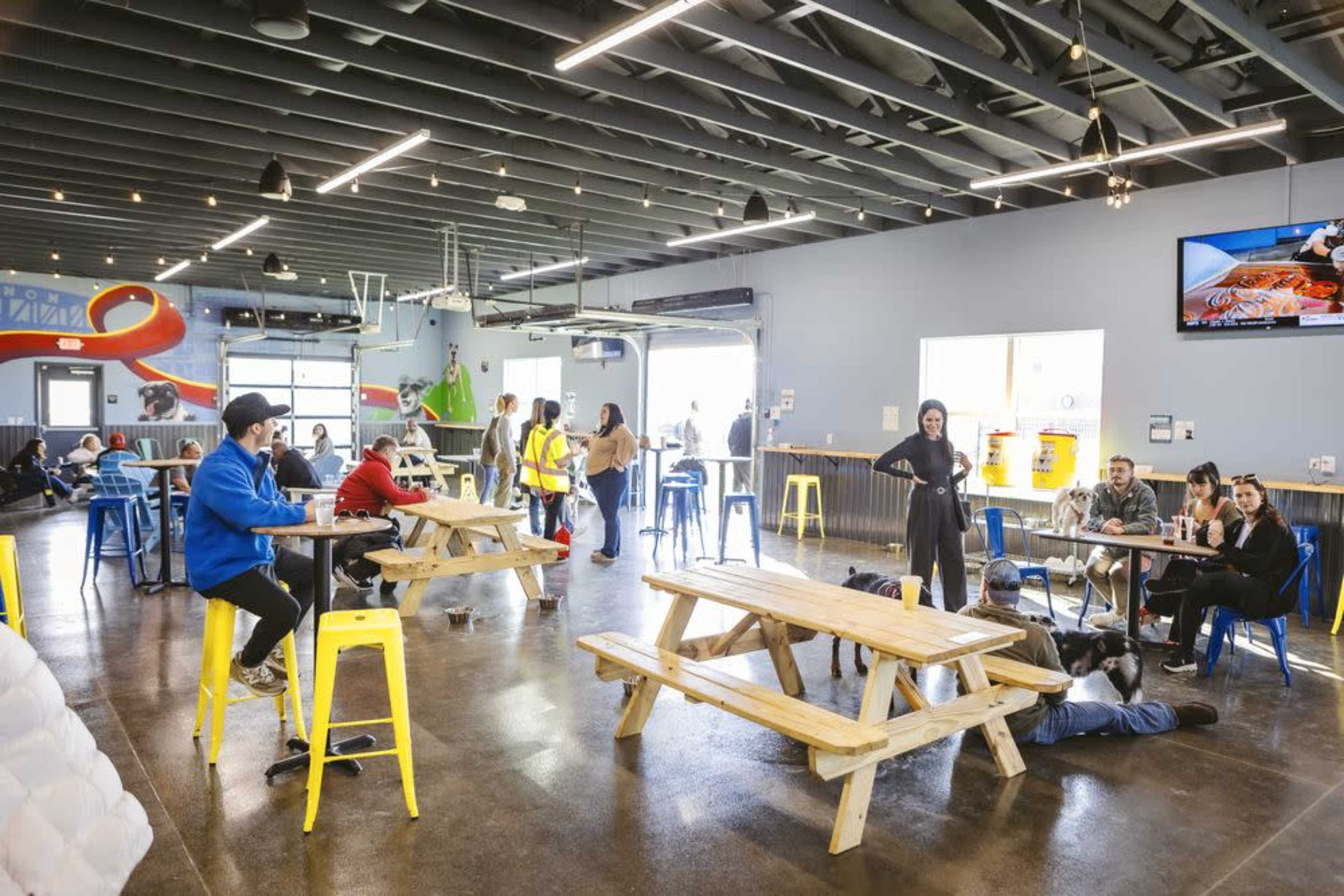 The image shows a spacious indoor seating area with several tables and colorful stools, occupied by a mix of people engaged in conversation and activities.