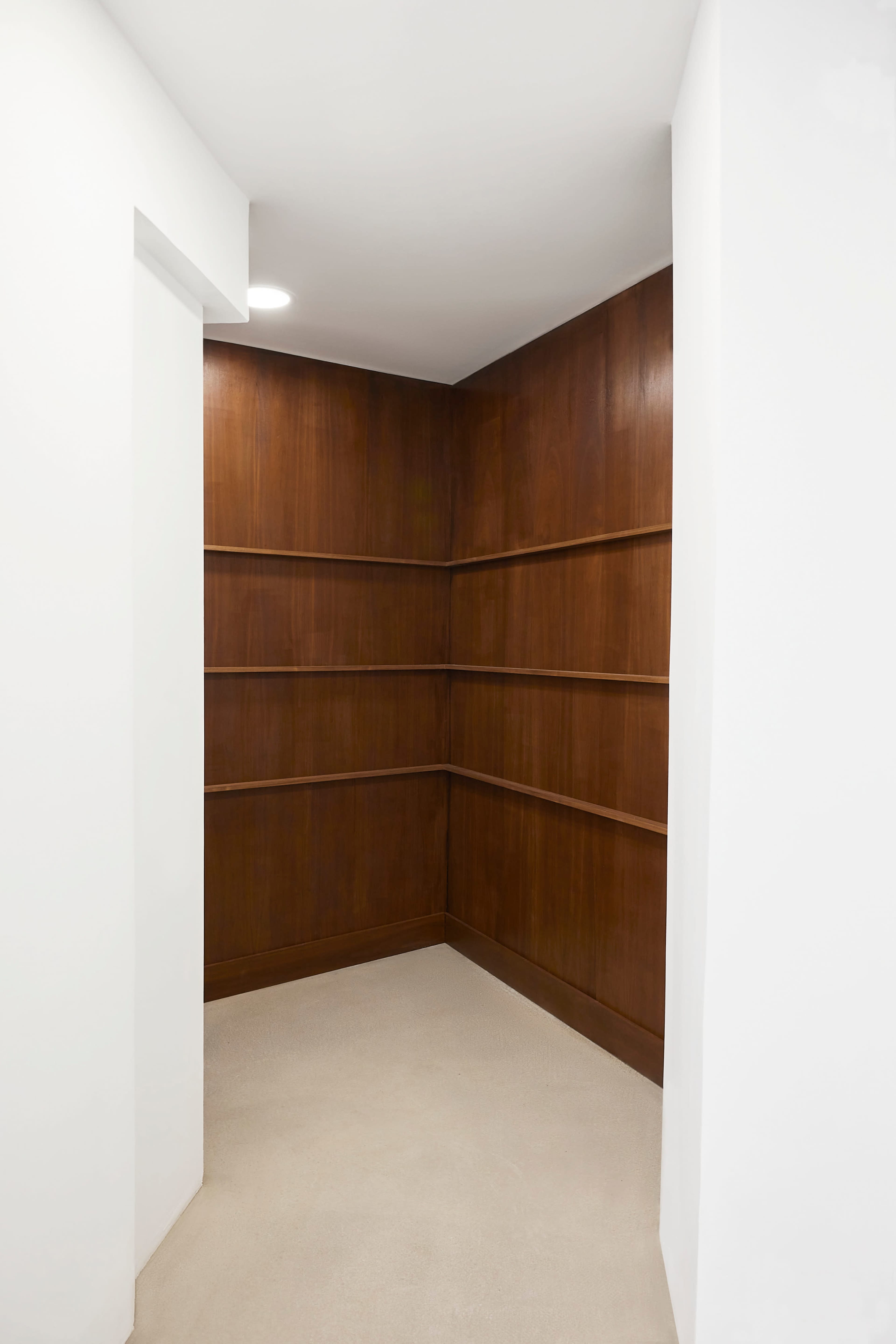 The image shows a corner of a room with brown wooden shelves built into the walls and a light-colored carpeted floor.