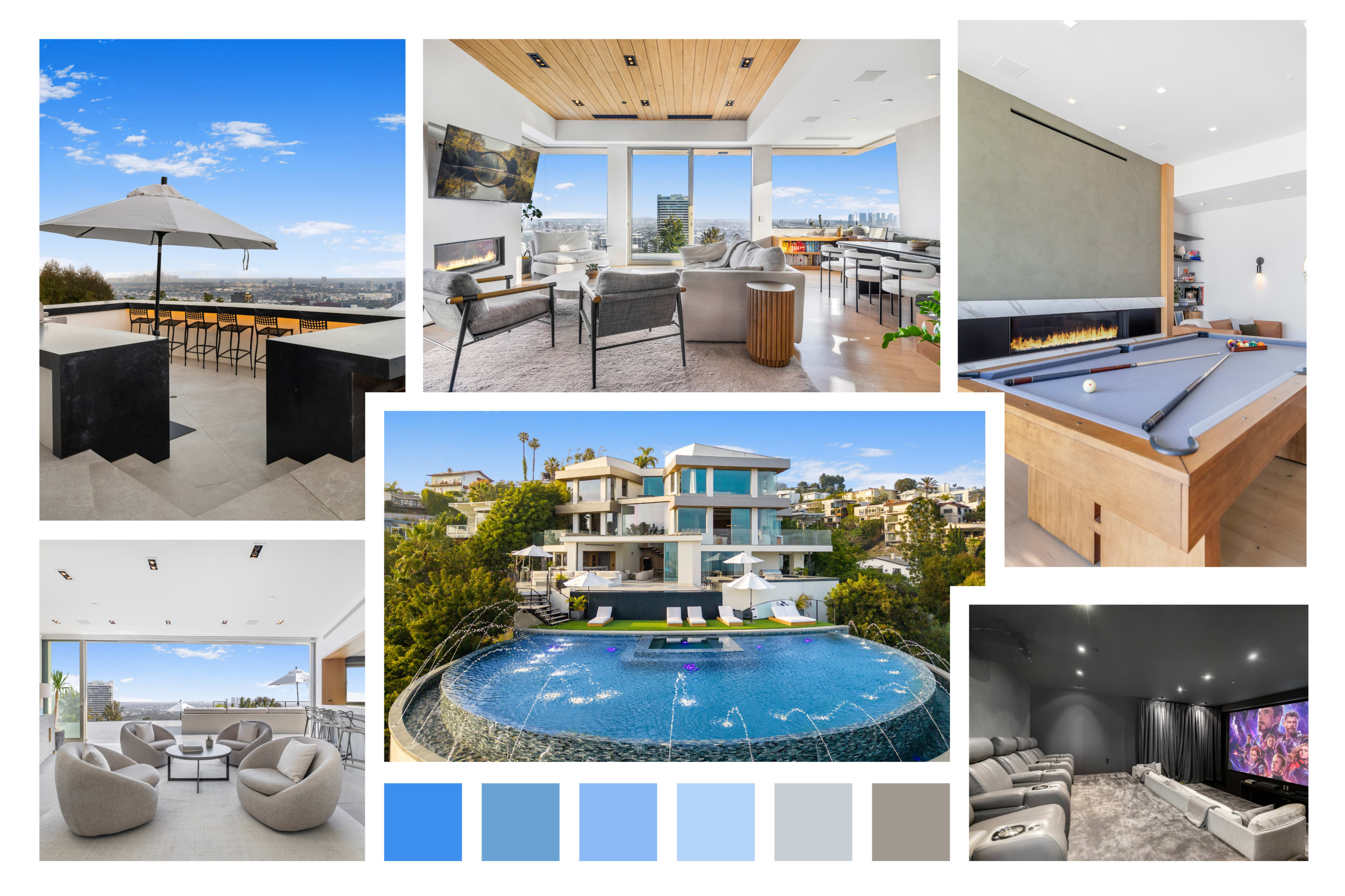 The image collage showcases a luxurious modern home featuring an outdoor bar area, a spacious living room with city views, a game room with a billiards table, an elegant pool, and a home theater.