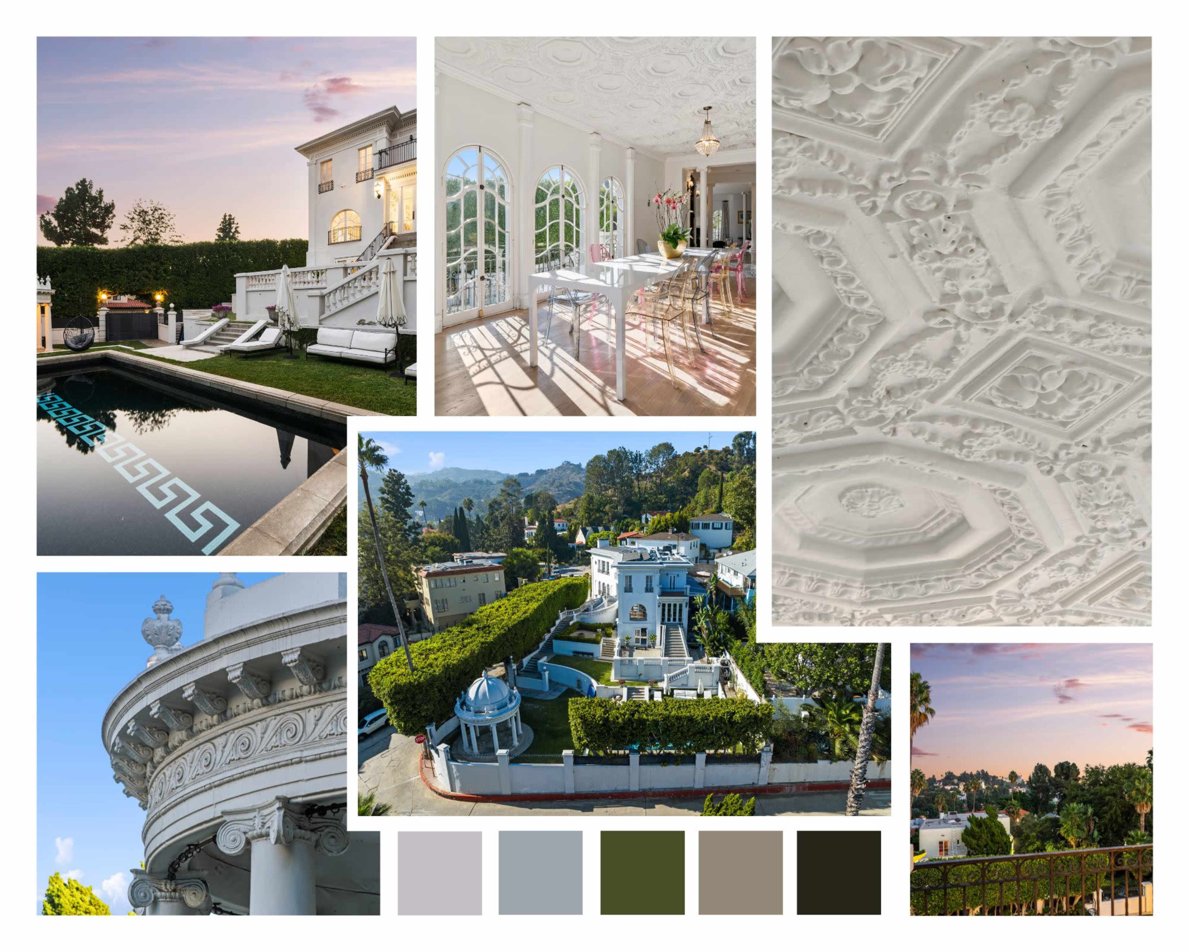 The collage showcases a luxury mansion featuring a pool, ornate interior details, and scenic views from various angles.
